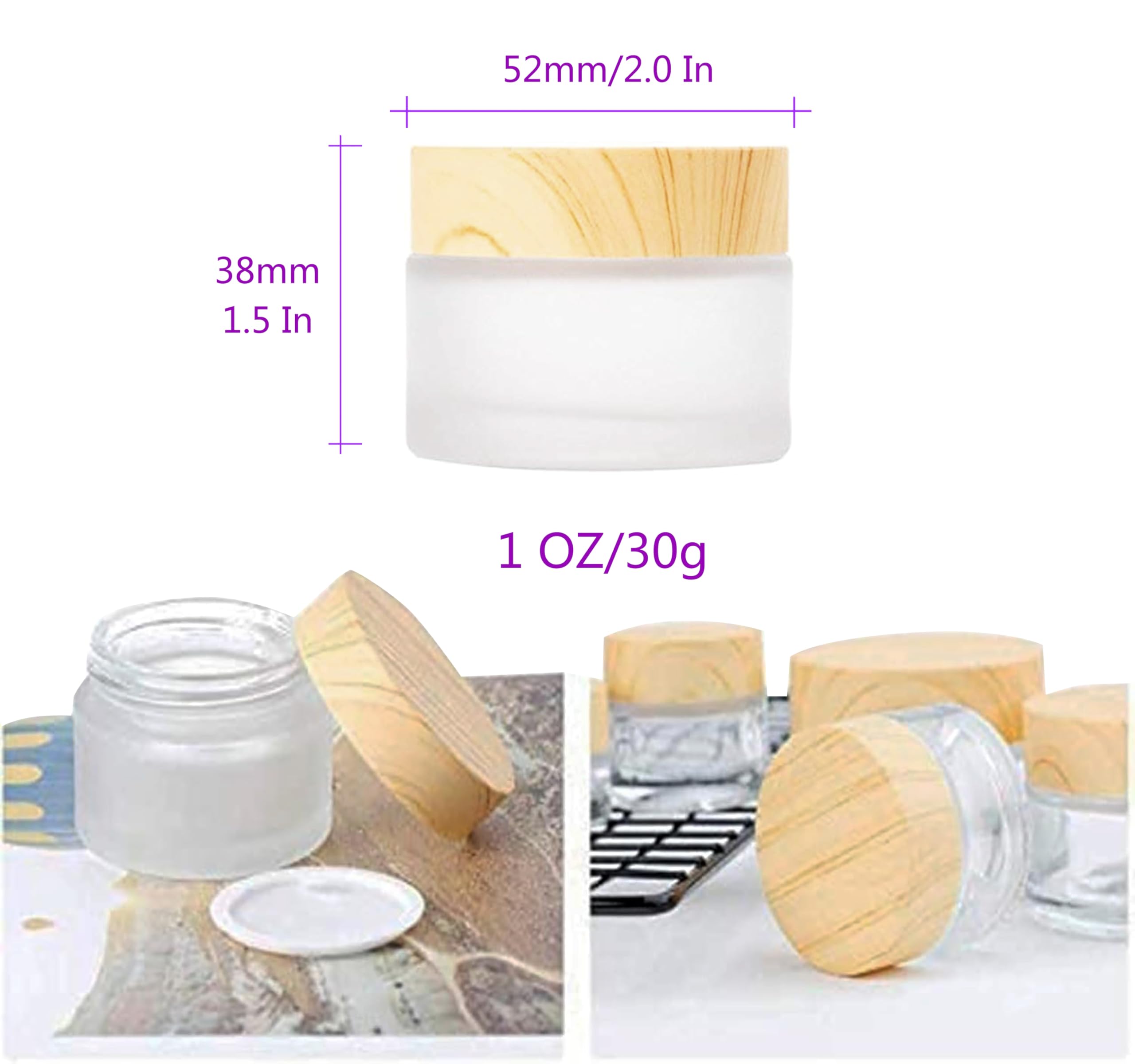 Healthcom 12 Packs 1 Oz Empty Jars 30Ml Round Frosted Glass Cream Jar Bottles Holder With Wood Grain Lids Refillable Case Vial P