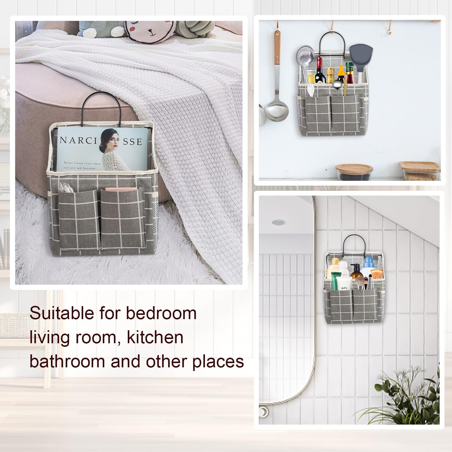 Lyroo 2 Pack Grey Plaid Wall Hanging Storage Wall Hanging Organizer Basket With Pockets For Bathroom Bedroom Kitchen Dorm Room E