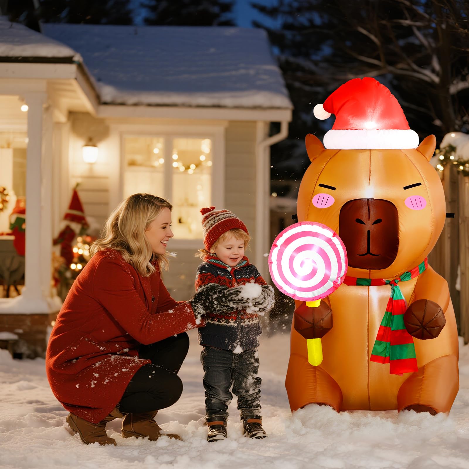 anroog Christmas Inflatable Outdoor Decorations Capybara Inflatables 4.92ft Christmas Blow Up Capybara Hold Lollipop Candy Yard