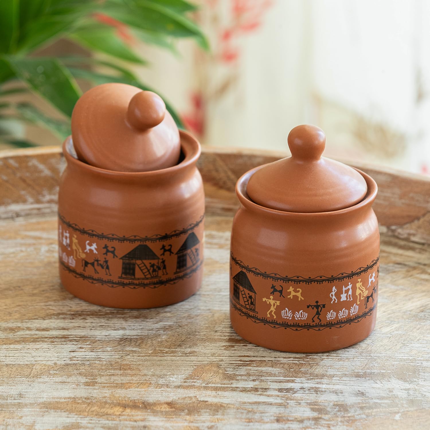 Exclusivelane Warli Village Tales Handcrafted Ceramic Pickle Jar With Lid Pickle Jars For Dining Table Achar Container Chutney