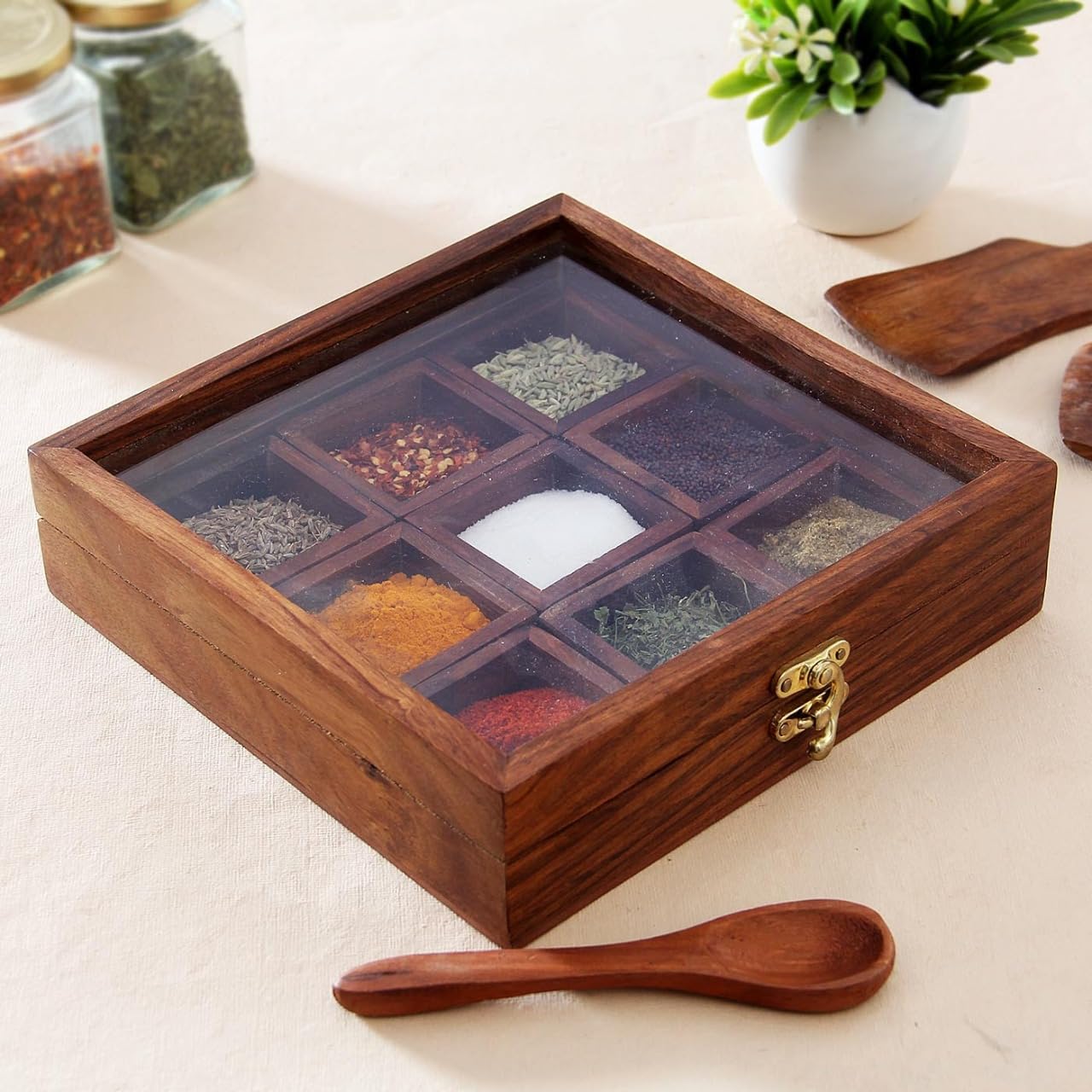 Angira Handicrafts Woodenwooden Table Top Masala Dabba Containers Jars Cum Kitchen Spice Box With Spoon (Brown) AhsMasalabox01