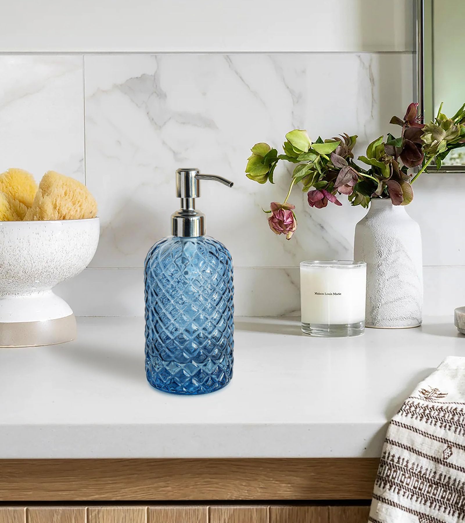 Jasai 18Oz Gem Patterned Glass Soap Dispenser For Kitchen, Refillable Hand Soap Dispenser With Rust Proof Stainless Steel Pump,
