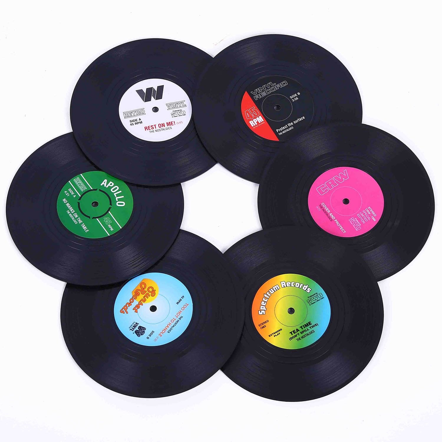 Coasters For Drinks With Gift Box - Set Of 6 Colorful Retro Vinyl Record Disk Coasters With Funny Labels-Prevent Furniture From