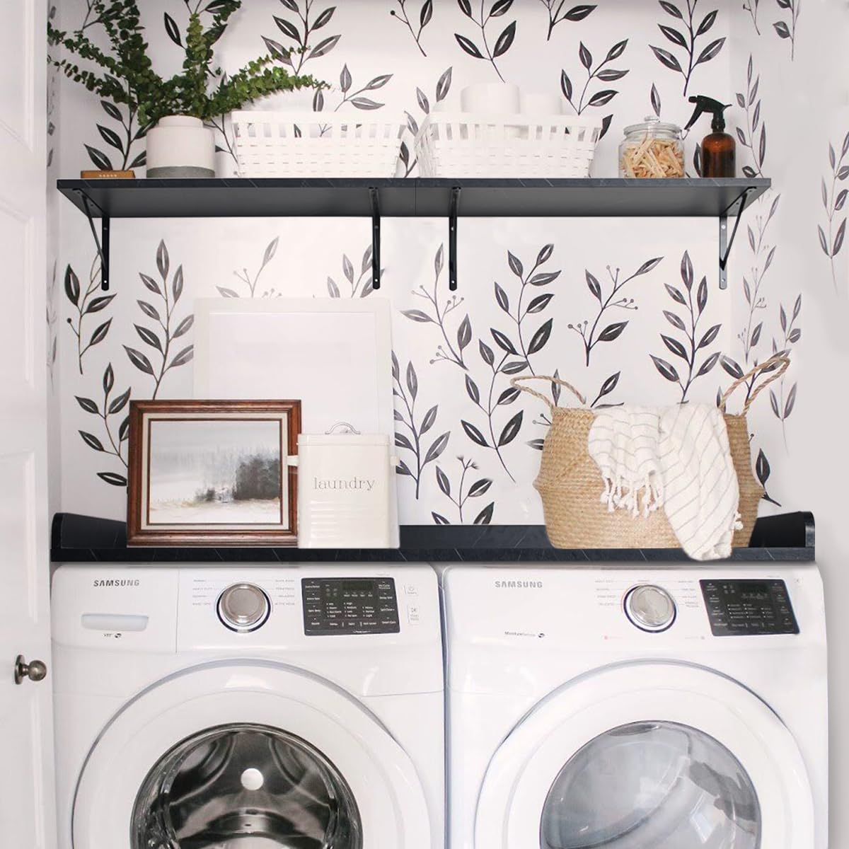 Kaboon Washer Dryer Countertop And Shelves Set, Melamine Countertop With Edge Rails - 27.5'' Depth X 54'' Width Laundry Room Org