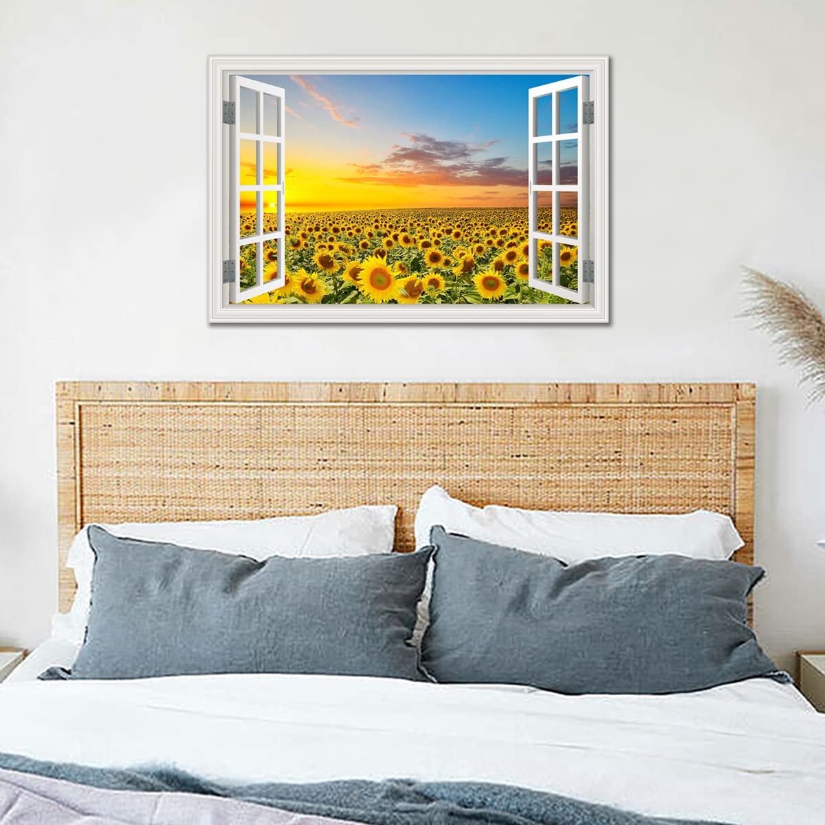 Sunflower Wall Art Decor For Living Room Window Style Sunset Canvas Picture For Bedroom Realism Yellow Flowers Filed Artwork For