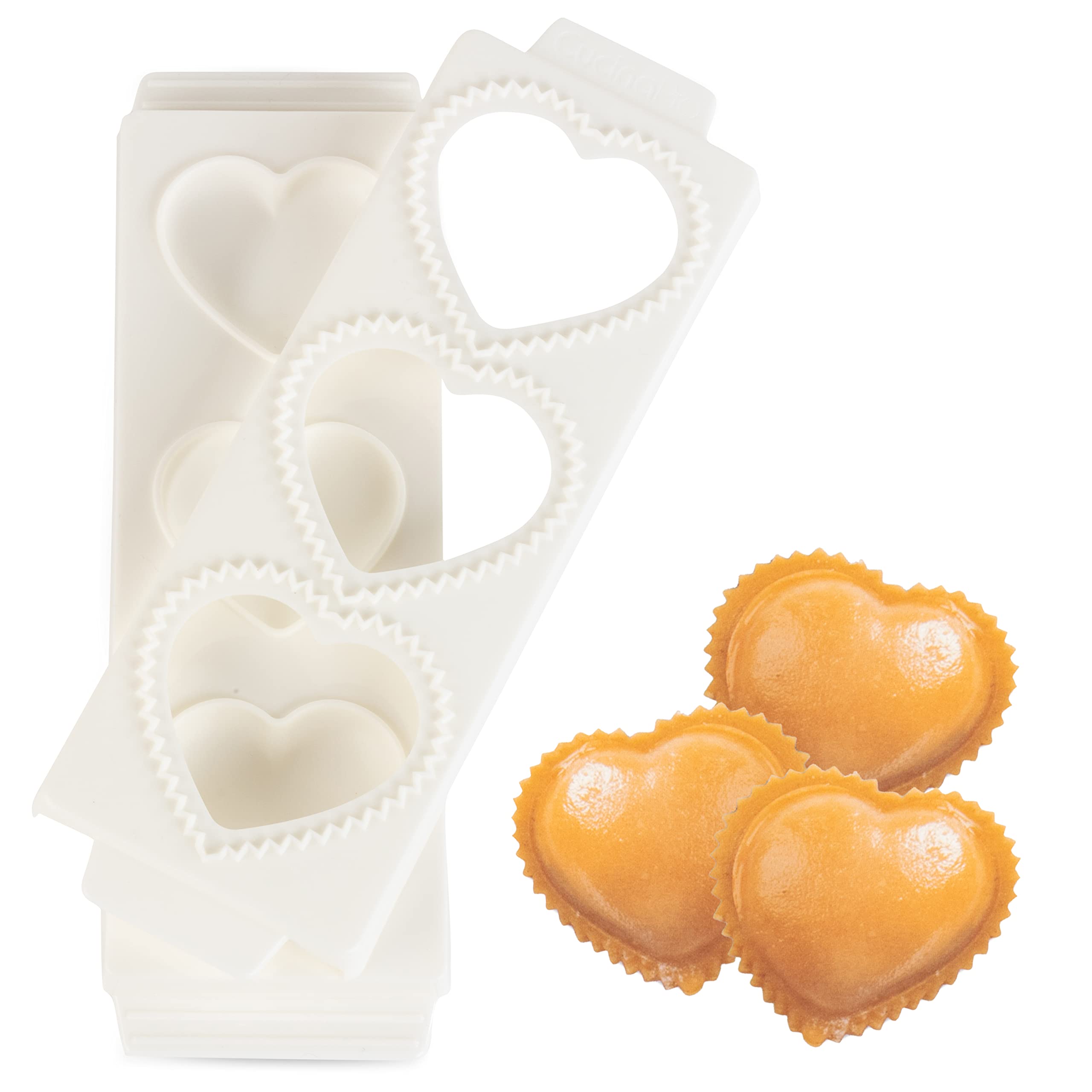 Jumbo 3'' Heart Ravioli Molds- Homemade Filled Pasta Maker- 2 Piece Tray & Press Makes 3 Large Italian Raviolis At A Time, Easy
