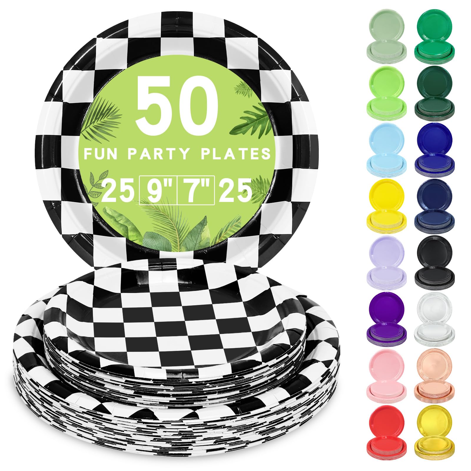 LANLISA 50 Checkered Paper Plates Set Includes 25-9 & 25-7 Disposable Birthday Cake Dessert Black and White Plates for Party Sup
