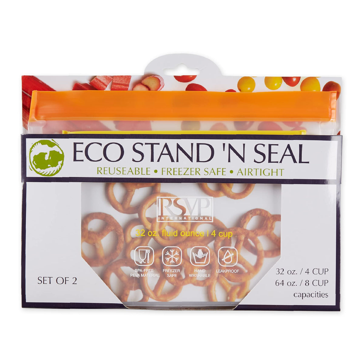Rsvp International Reusable Food Storage Collection Eco Seal Bags, Stand-N-Seal Set, Orange/Yellow