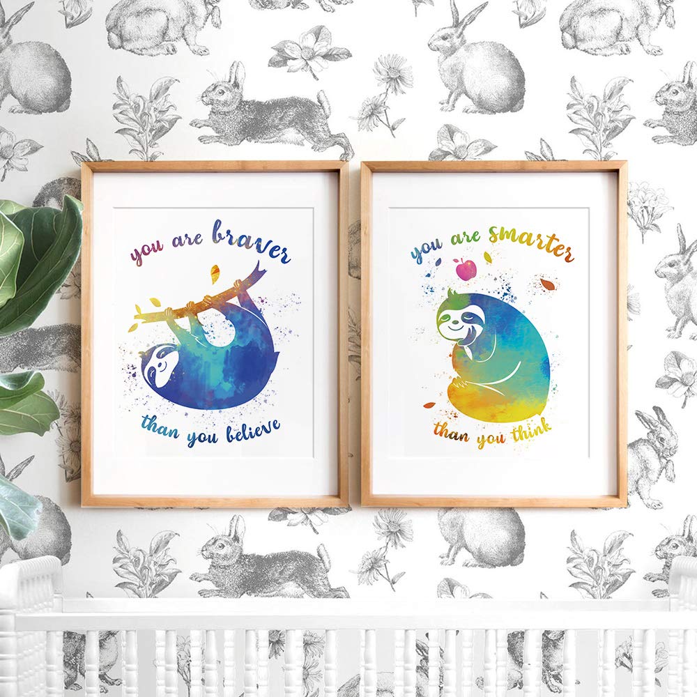 CHIEN-CHI LILI Colorful Sloth Inspirational Words Watercolor Art Print Set of 4 (8X10)  Sloth art Poster for Boys & Girls  Nursery  Kids Bedroom Home Wall Decor  No Frame