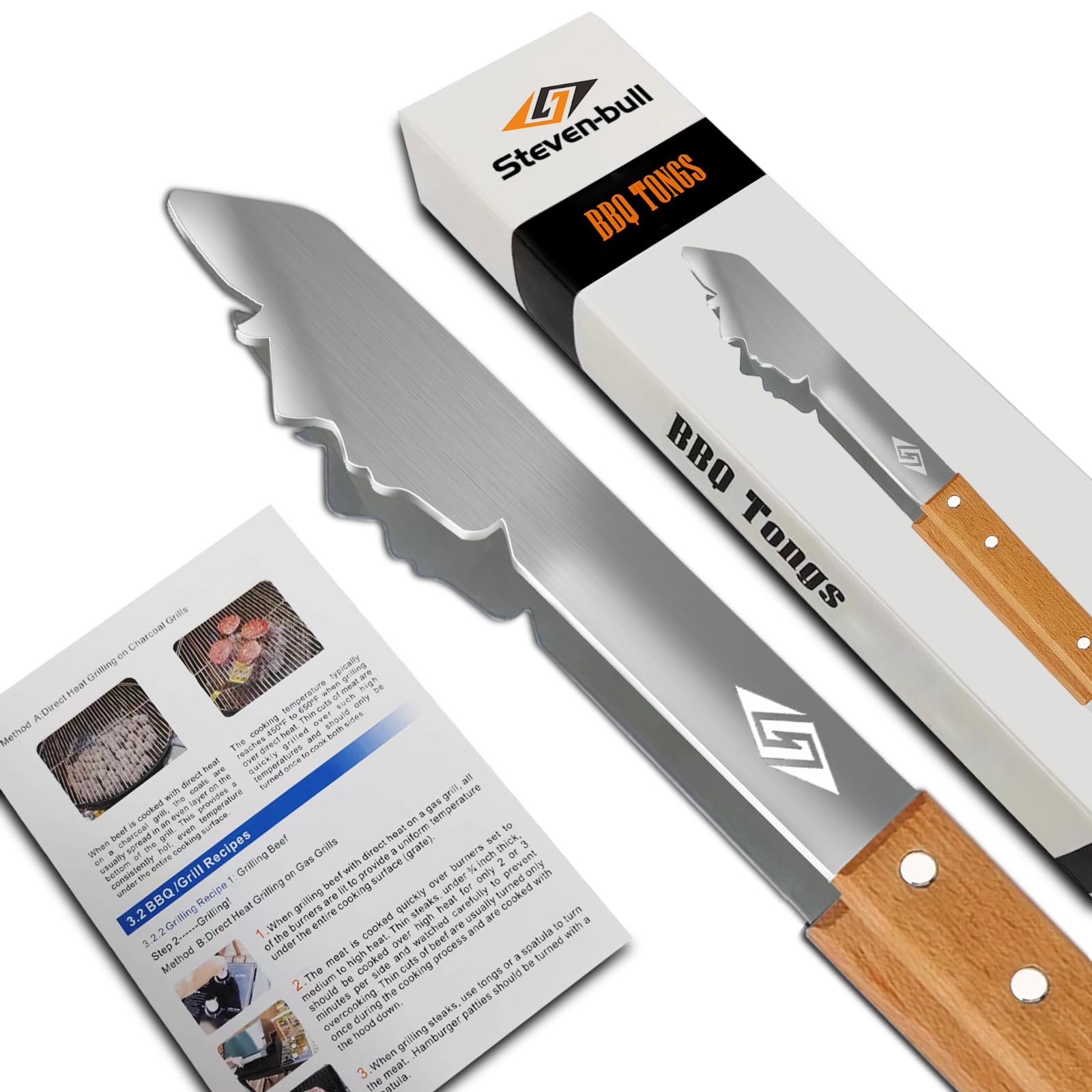 Heavy Duty Bbq Grill Tongs For Outdoor Grill,17 Inch Long Grill Tool, Metal Barbecue Utensil, Wooden Handle, Fun Barbecue Tongs