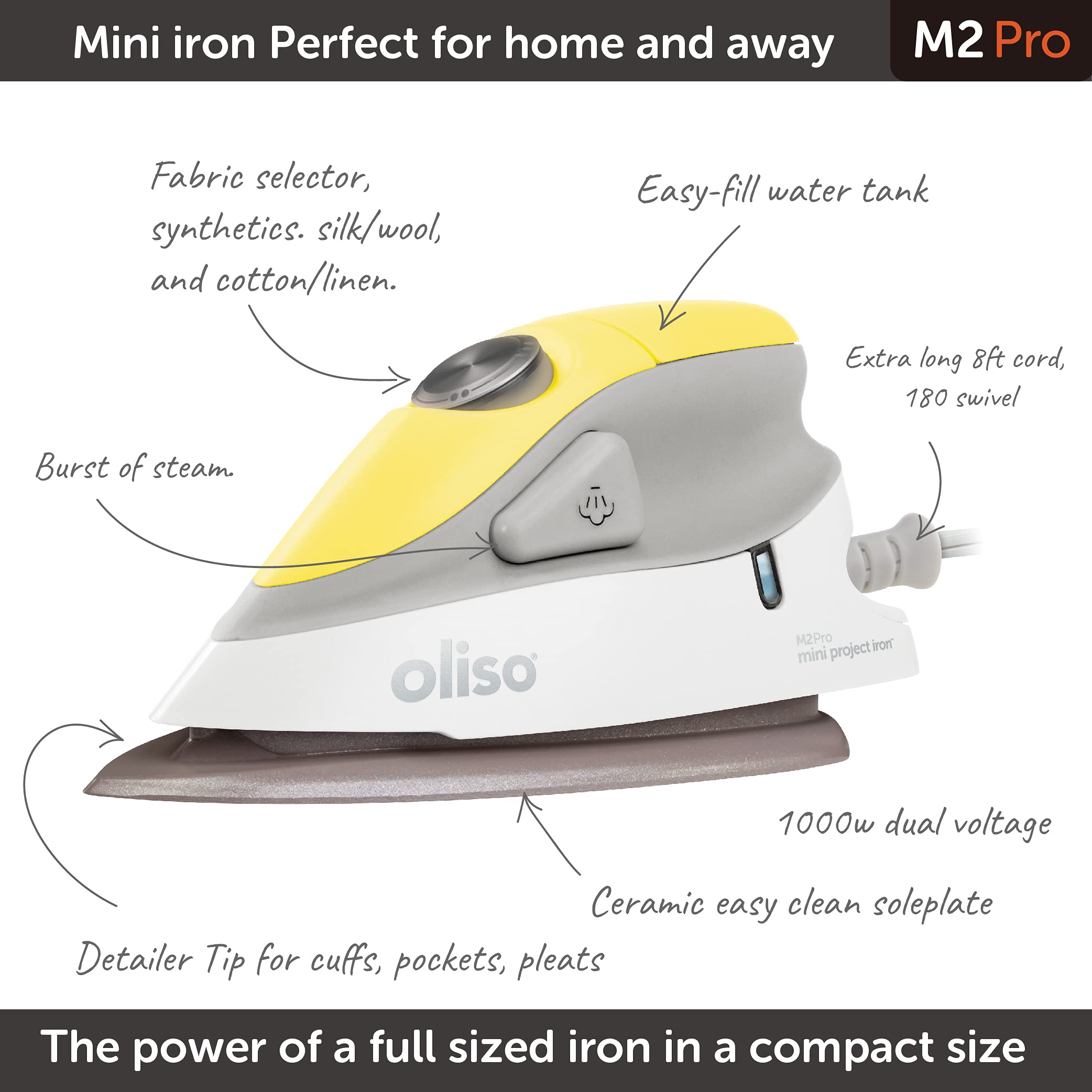 Oliso M2 Mini Steam Iron - 1000W Dual Voltage, Ceramic Soleplate, Yellow, Ideal for Sewing, Quilting, Crafting, and Travel