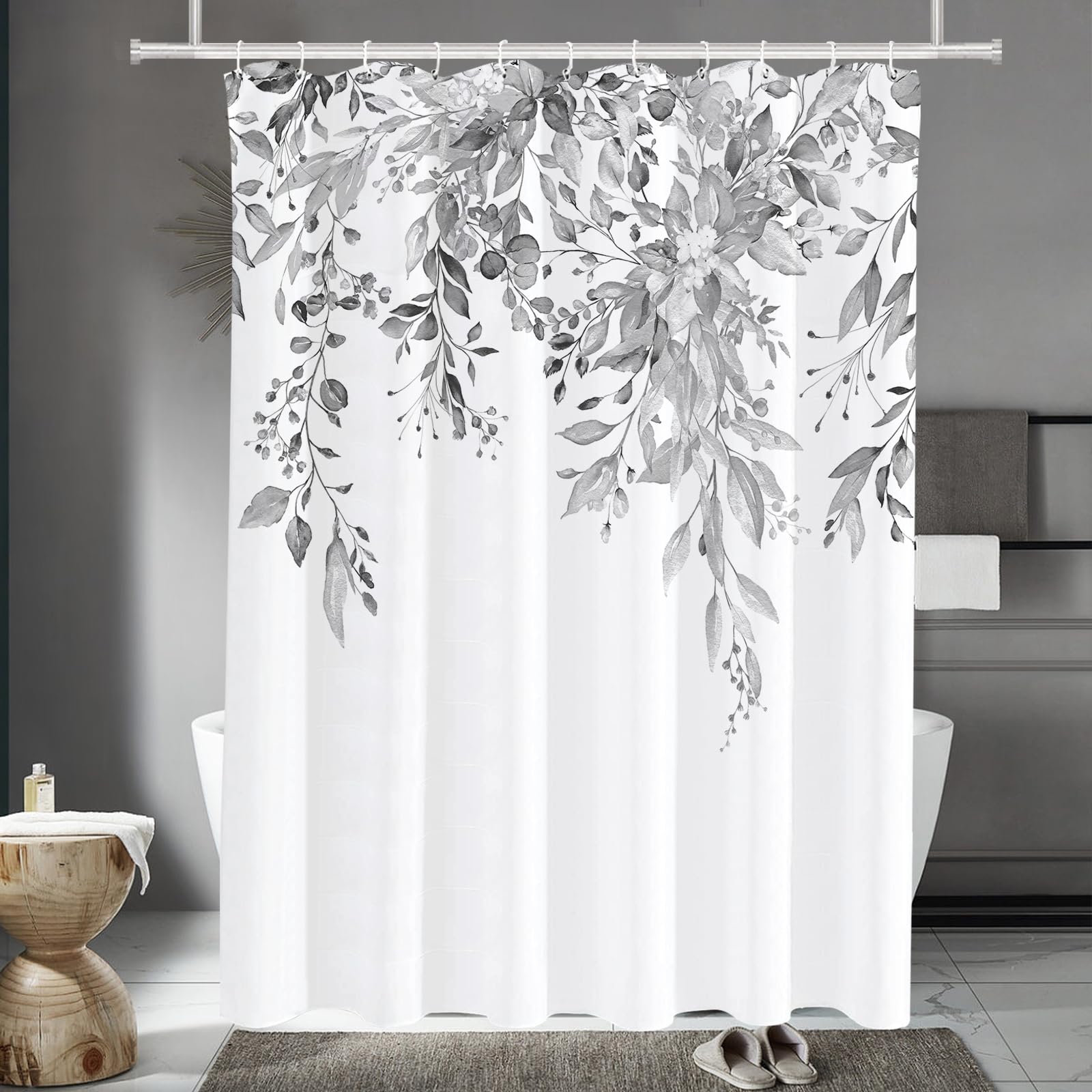 Tititex Light Grey Eucalyptus Shower Curtain Sets, Bright Watercolor Gray Leaves On The Top Plant With Floral Bathroom Decoratio