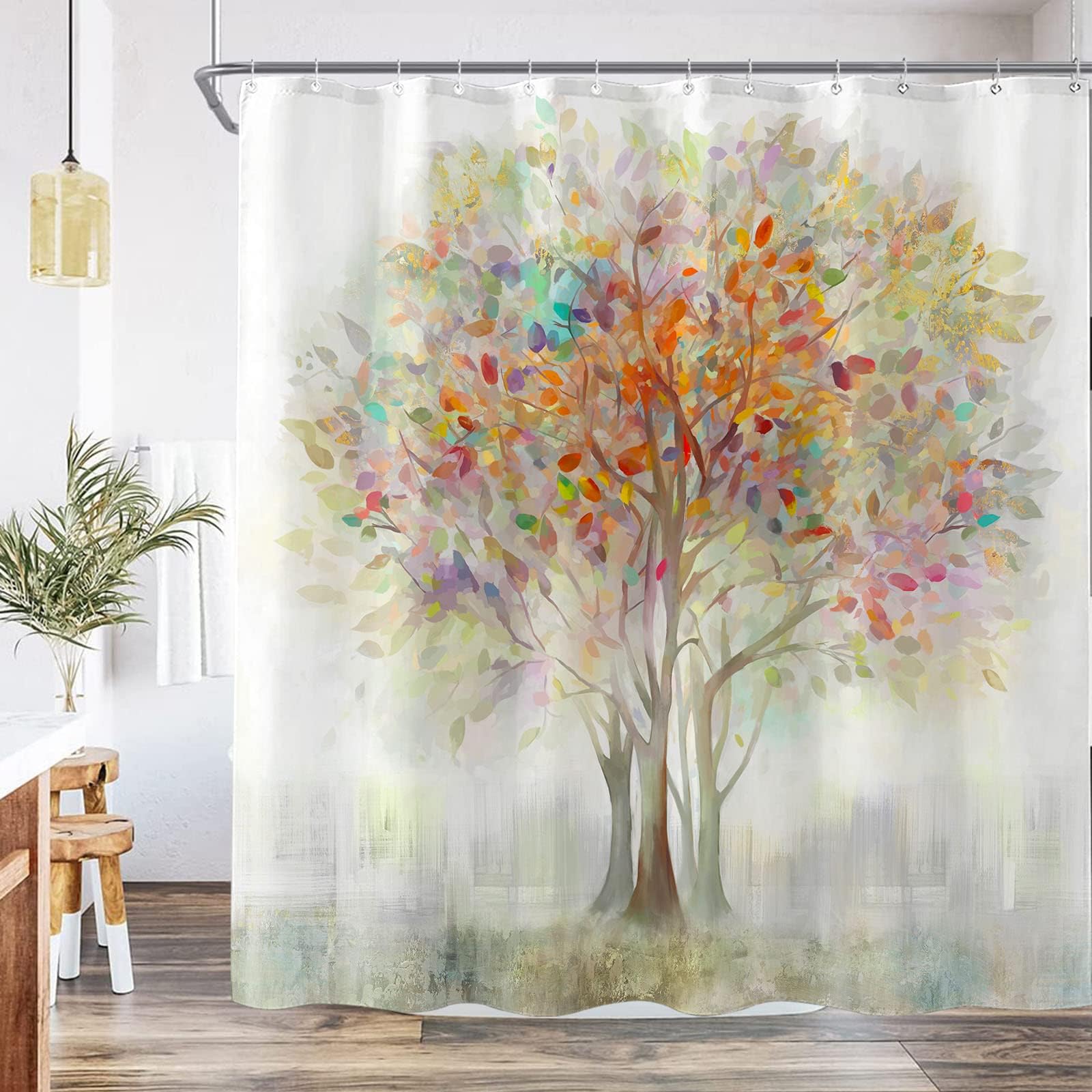 Kanuyee Colorful Tree Shower Curtain Shower Fabric Shower Curtain Flowers Shower Curtain Cloth Fabric Bathroom Decor Set With 12