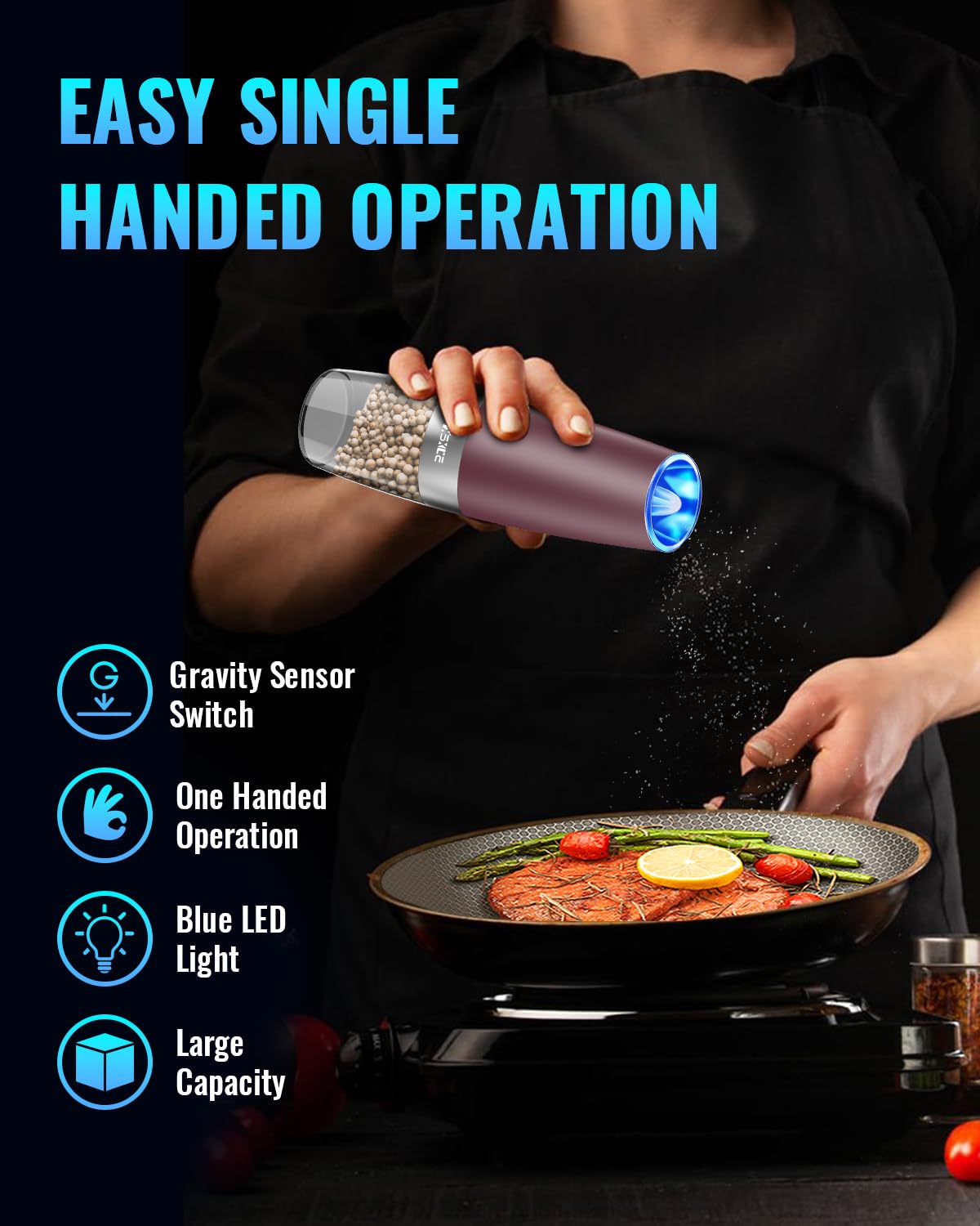 XinXu Gravity Electric Pepper Grinder, Salt or Pepper Mills & Adjustable Coarseness, with LED Light, One Hand Automatic Operatio