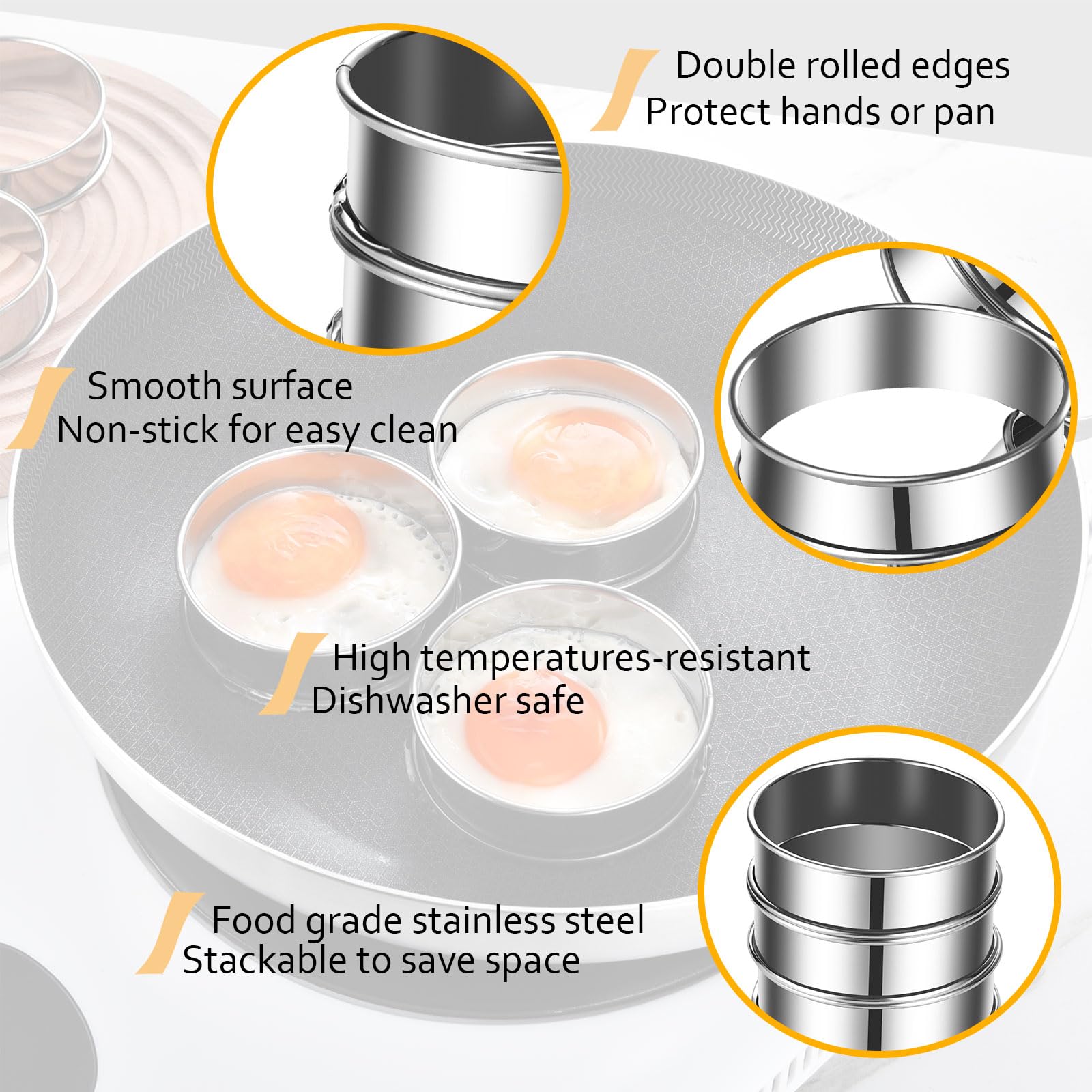 Kuayb 8 Pieces English Muffin Rings Crumpet Rings 3.15 Inch Stainless Steel Double Rolled Tart Ring Nonstick Metal Round Ring Mo
