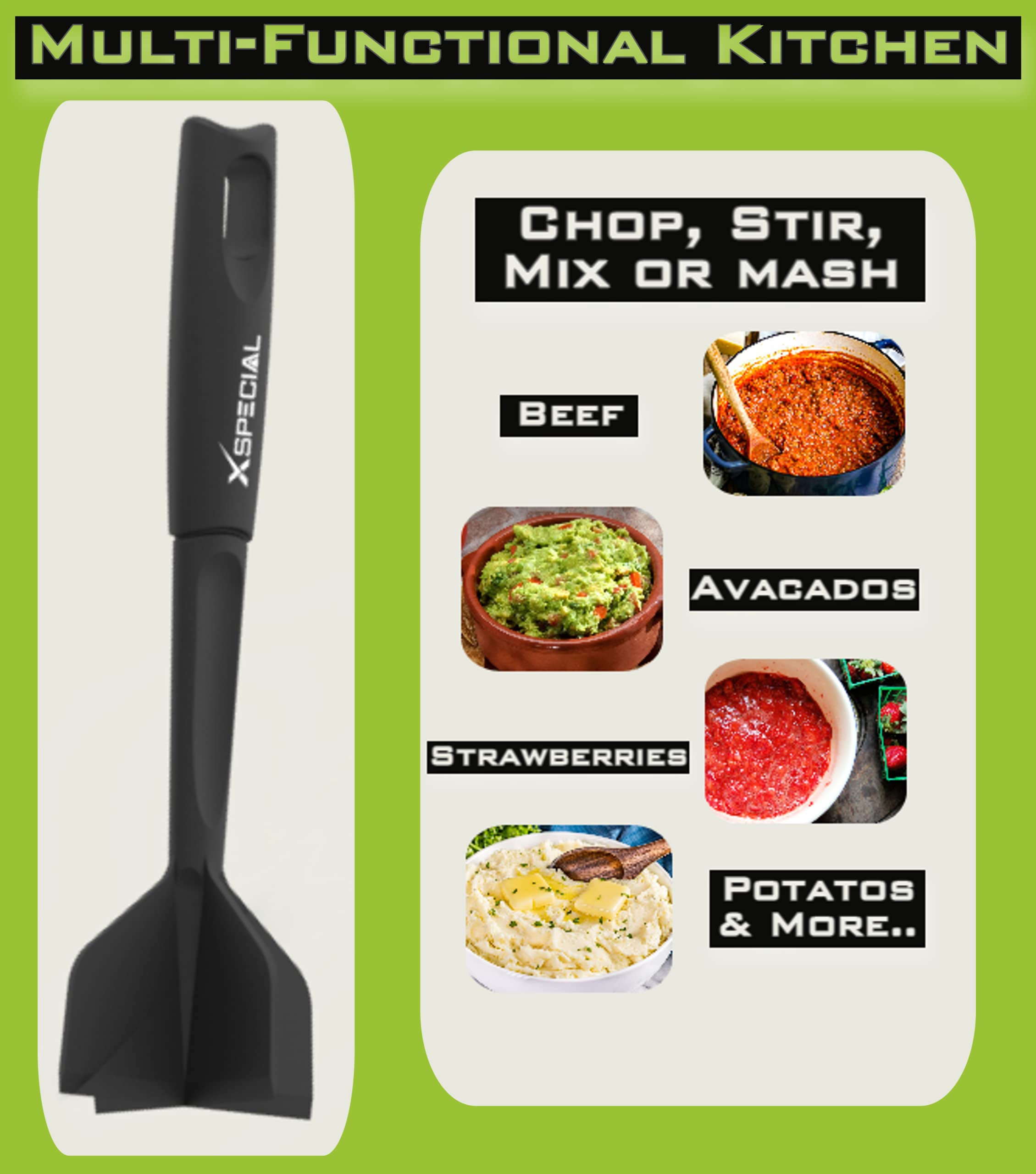 XSpecial Professional Meat Chopper Tool, Fast & Ergonomic Nylon Smasher, Dishwasher Safe, One Size, Black, Model MST01
