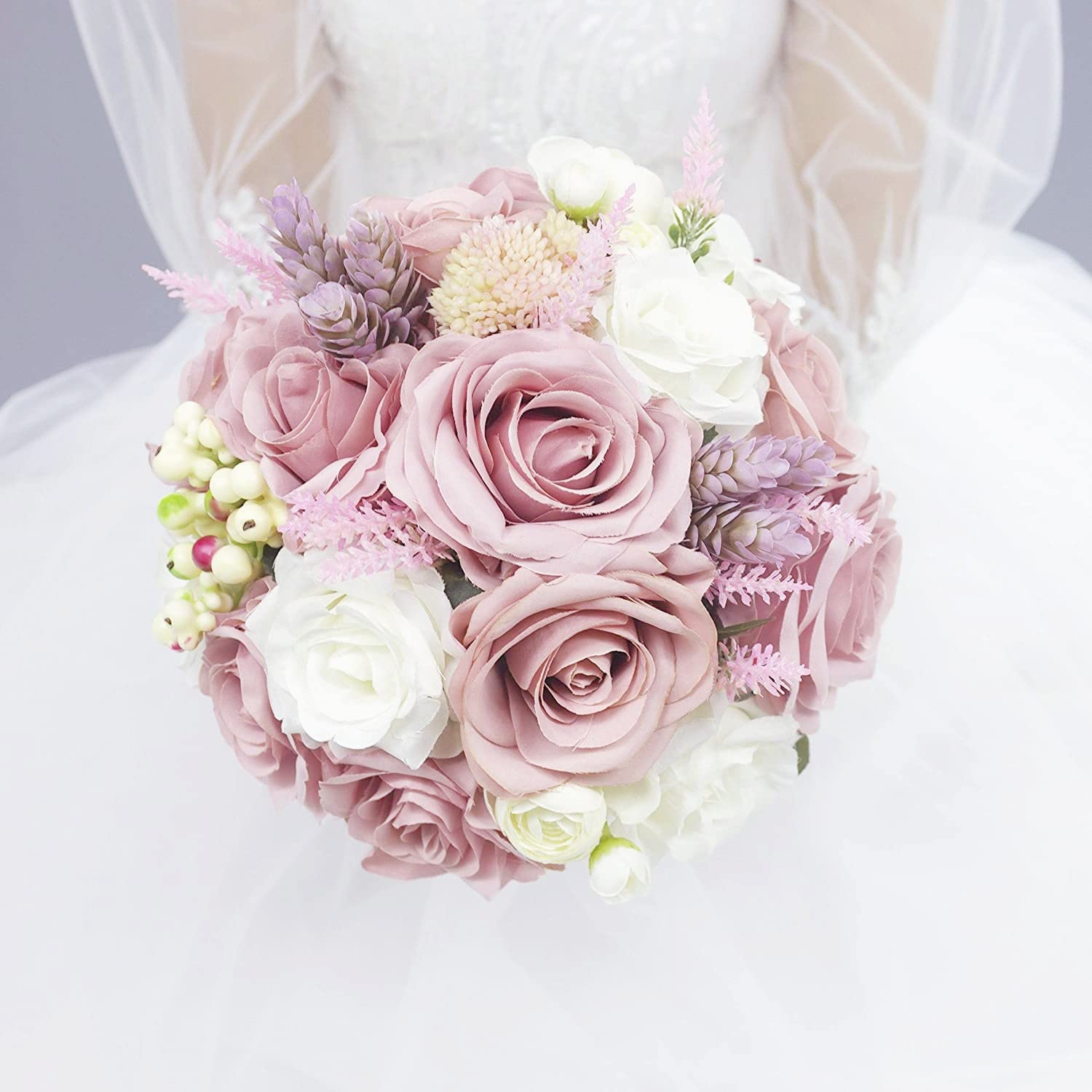 Abbie Home Bridal Wedding Bouquet - 9 inches Dusty Pink White Roses Real Touch Wedding Flower with Vintage Burlap Handle and Suc