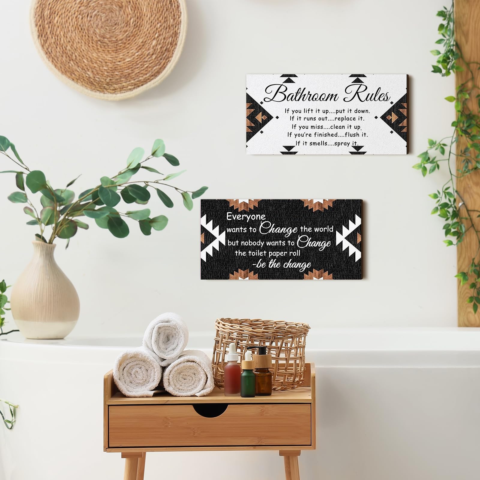Jetec 2 Pieces Funny Bathroom Signs Bathroom Wall Decor Toilet Wall Accessories Farmhouse Toilet Rustic Wooden Signs (Boho Style