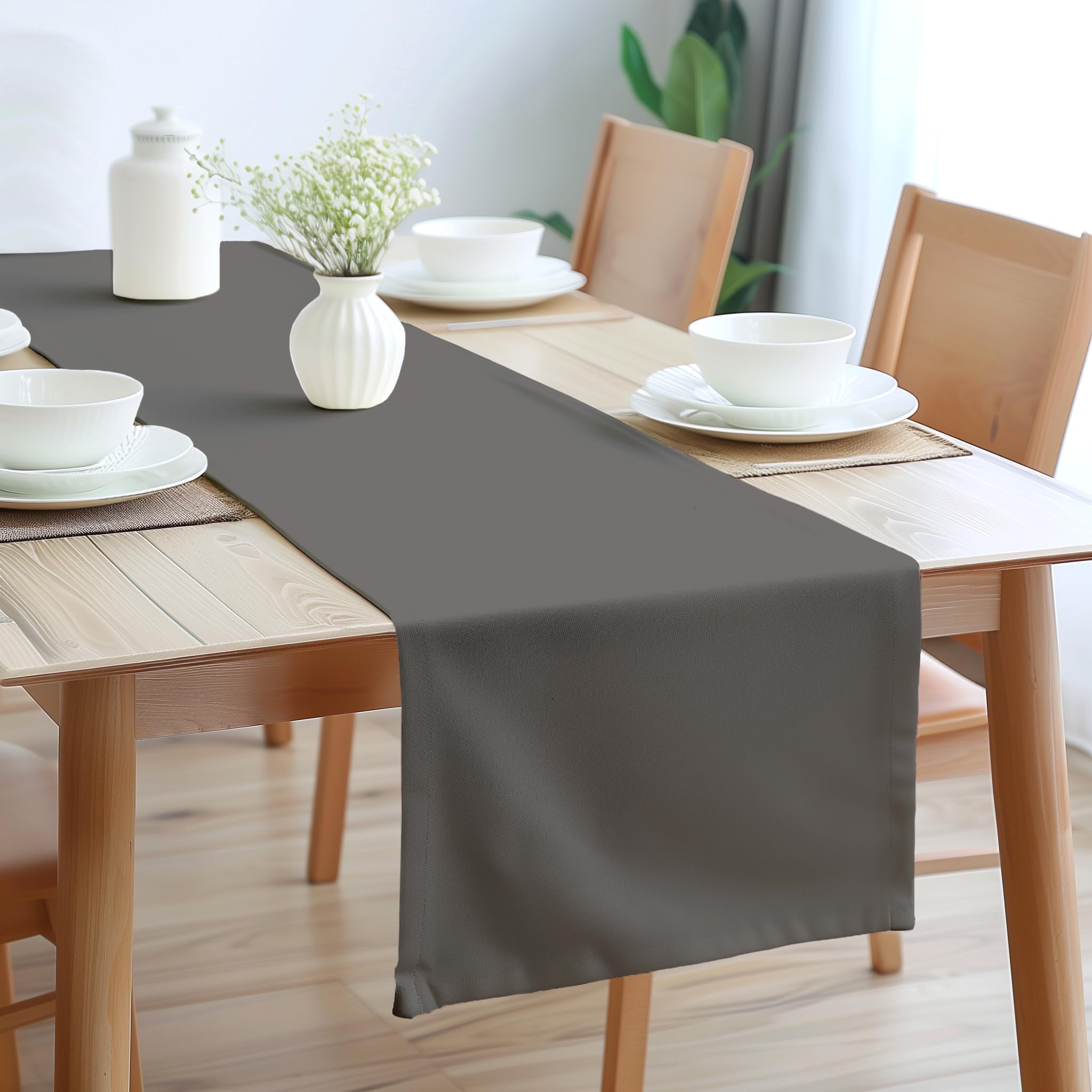 Encasa Xo Table Runner 13X72 In Long | Cotton Canvas Fabric | Grey Solid Color | Machine Washable & Durable