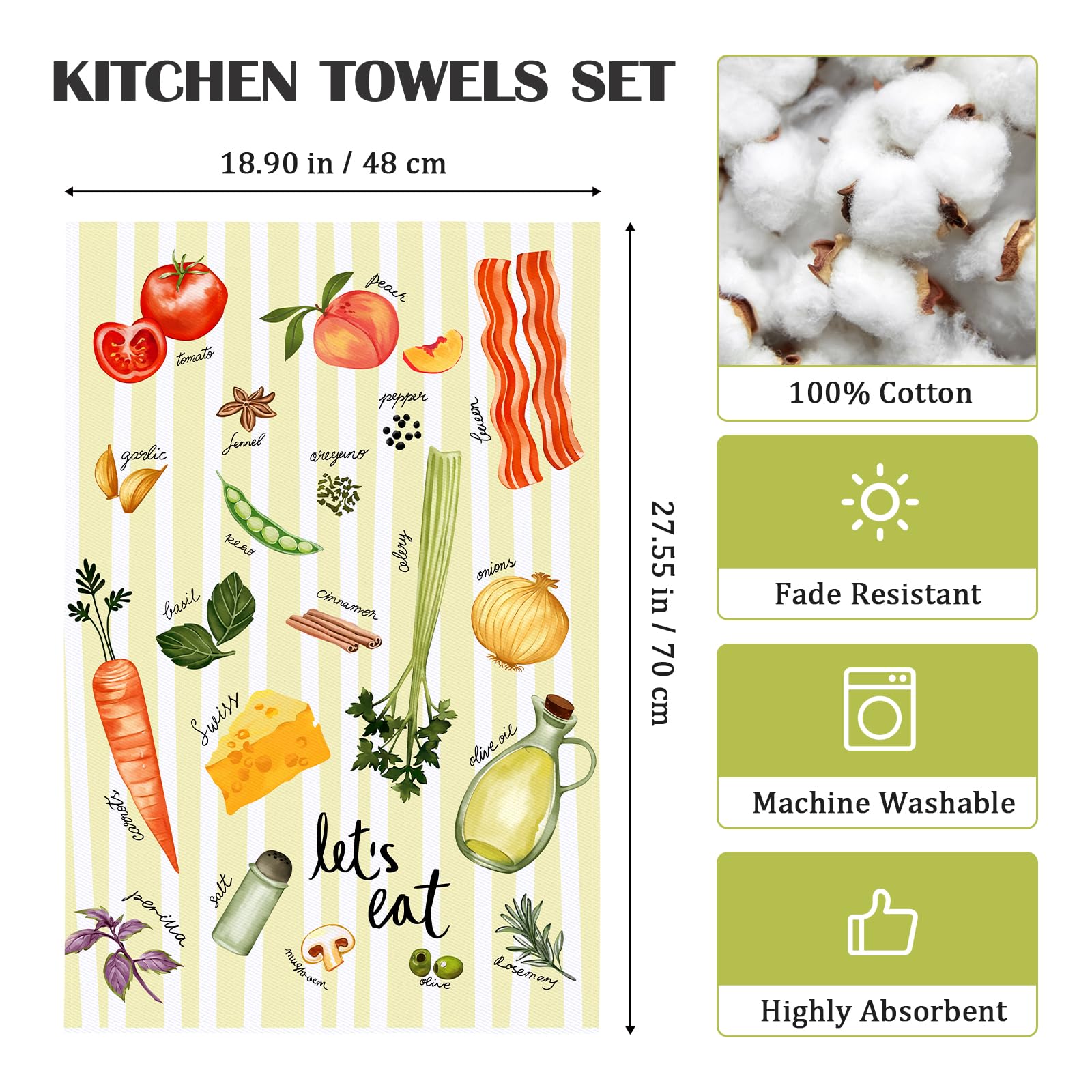 Arquiel Vegetables Tea Towels, Cotton Kitchen Towel 18.9    27.5 Inch, Quick Drying Dish Cloth For Party Anniversary Holiday Dec