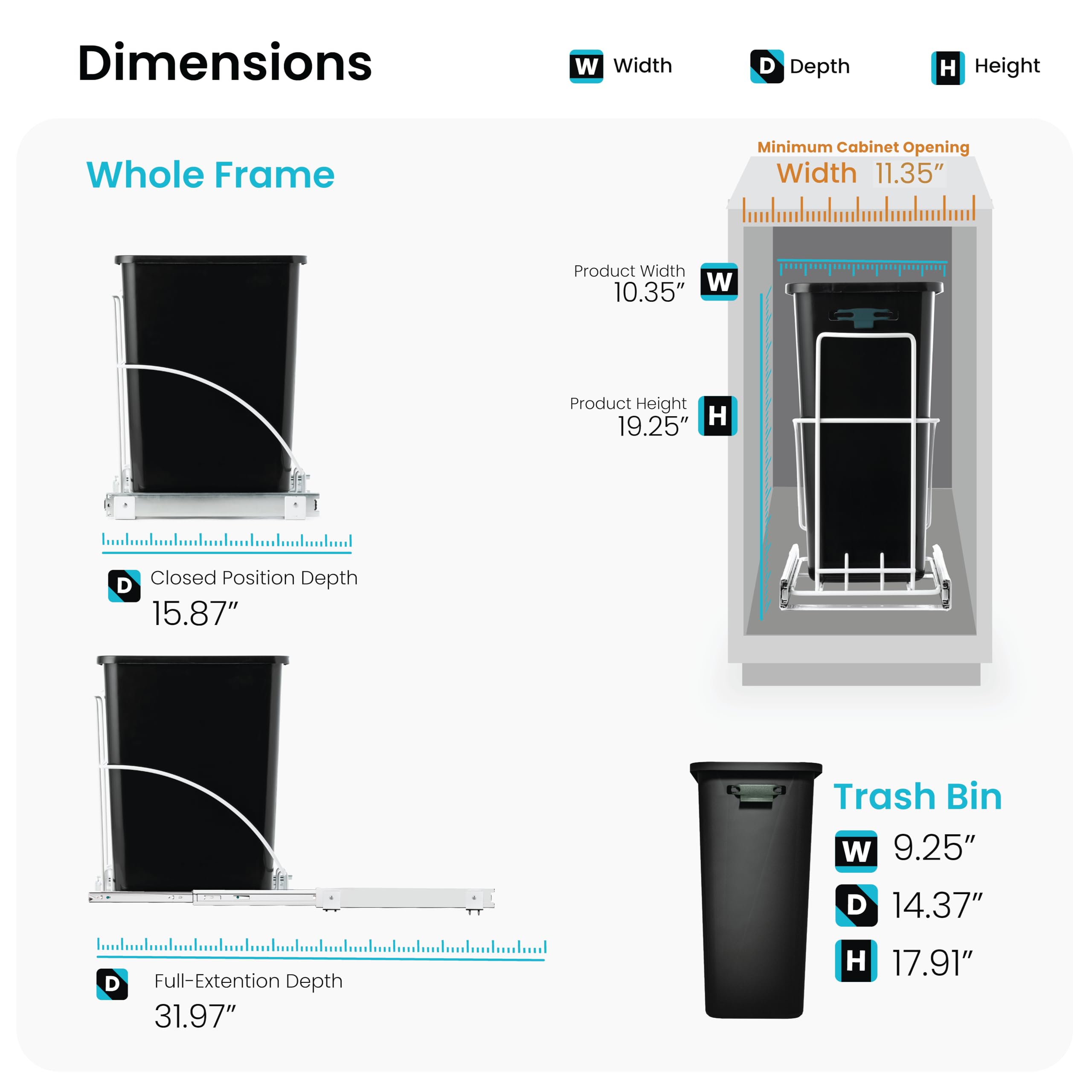 Home Zone Living 7.6 Gallon Pull Out Under Cabinet Trash Can  Removable Liner for Recycling or Trash  Slim Shape