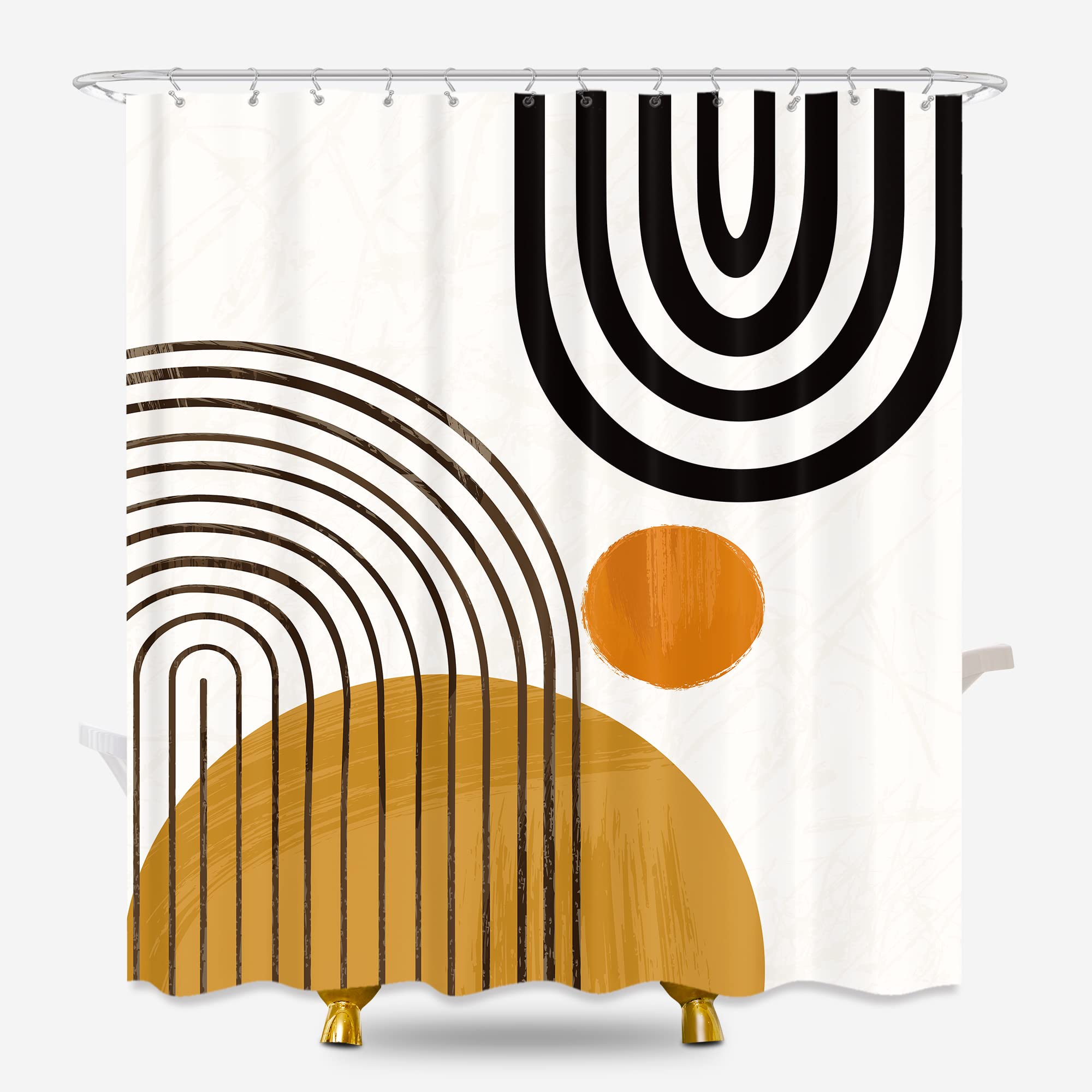 KOMLLEX Abstract Mid Century Shower Curtain for Bathroom Accessories 60Wx72H Inch Modern Cute Contemporary Sun Minimalistic Semicircle Curve Aesthetic Fabric Waterproof Polyester 12 Pack Plastic Hooks