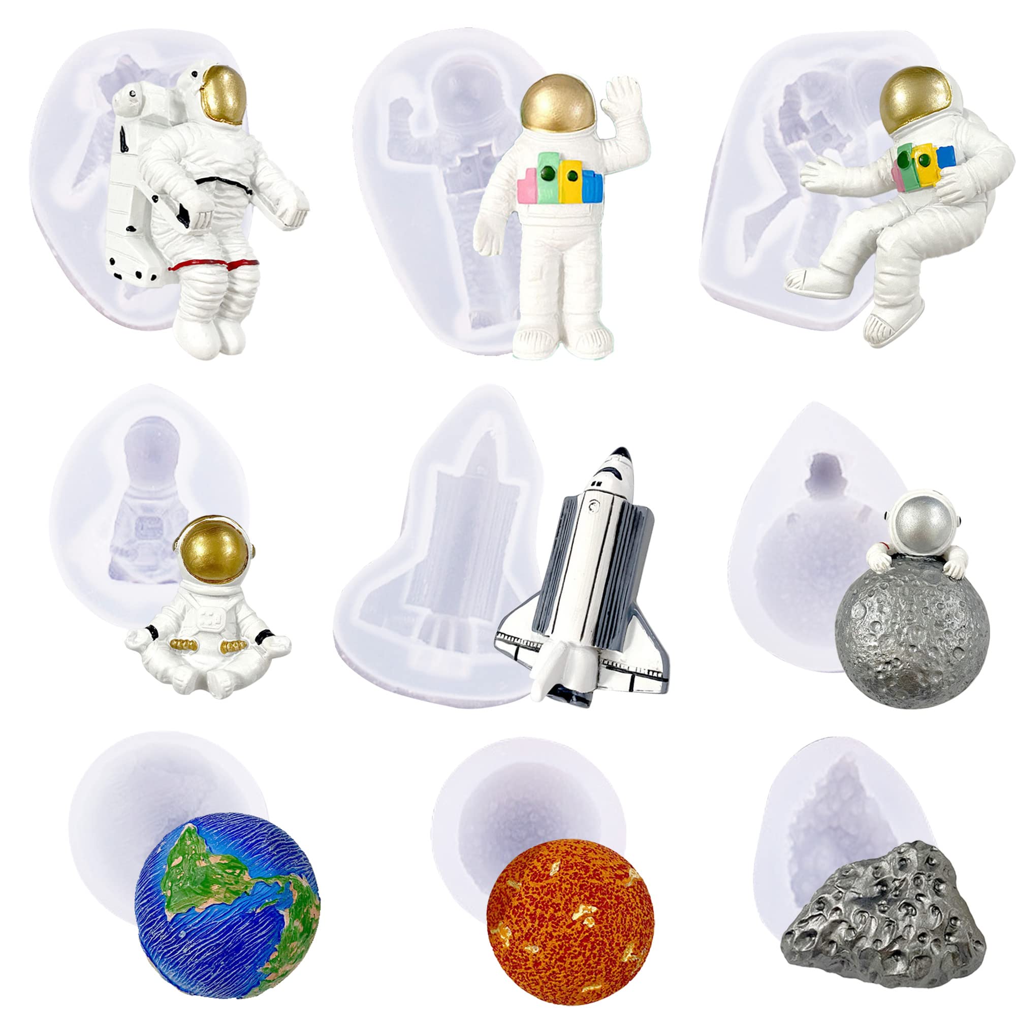 Woohome 9 Pcs Astronaut Fondant Silicone Molds, Spaceship Astronaut Silicone Molds For Baby Shower Cupcake, Cake Decoration Choc