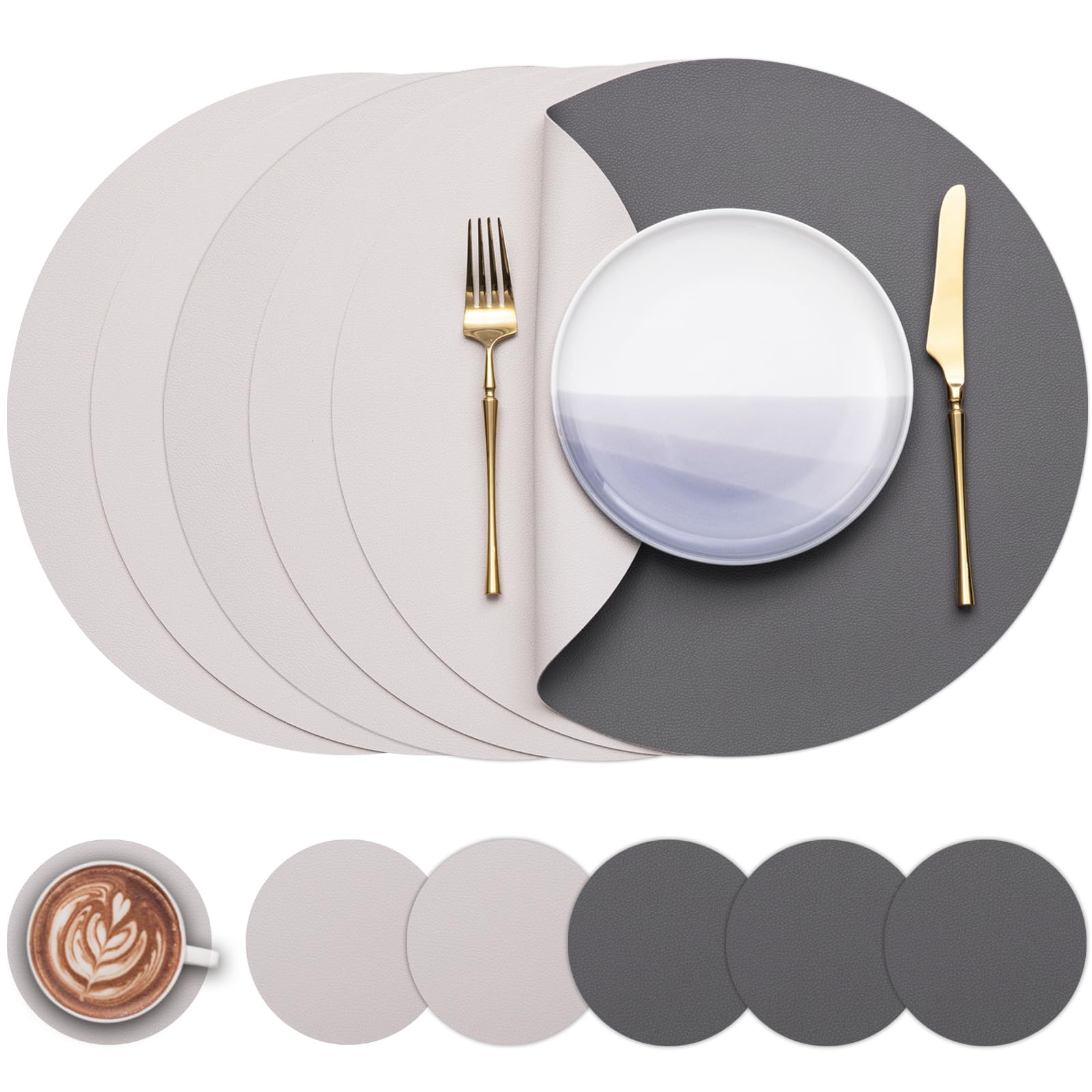 Myir Jun Round Table Placemats Set Of 6 Faux Leather Place Mats And Coasters 15 Inch Round Placemats Dual Sided Placemats Non-Sl