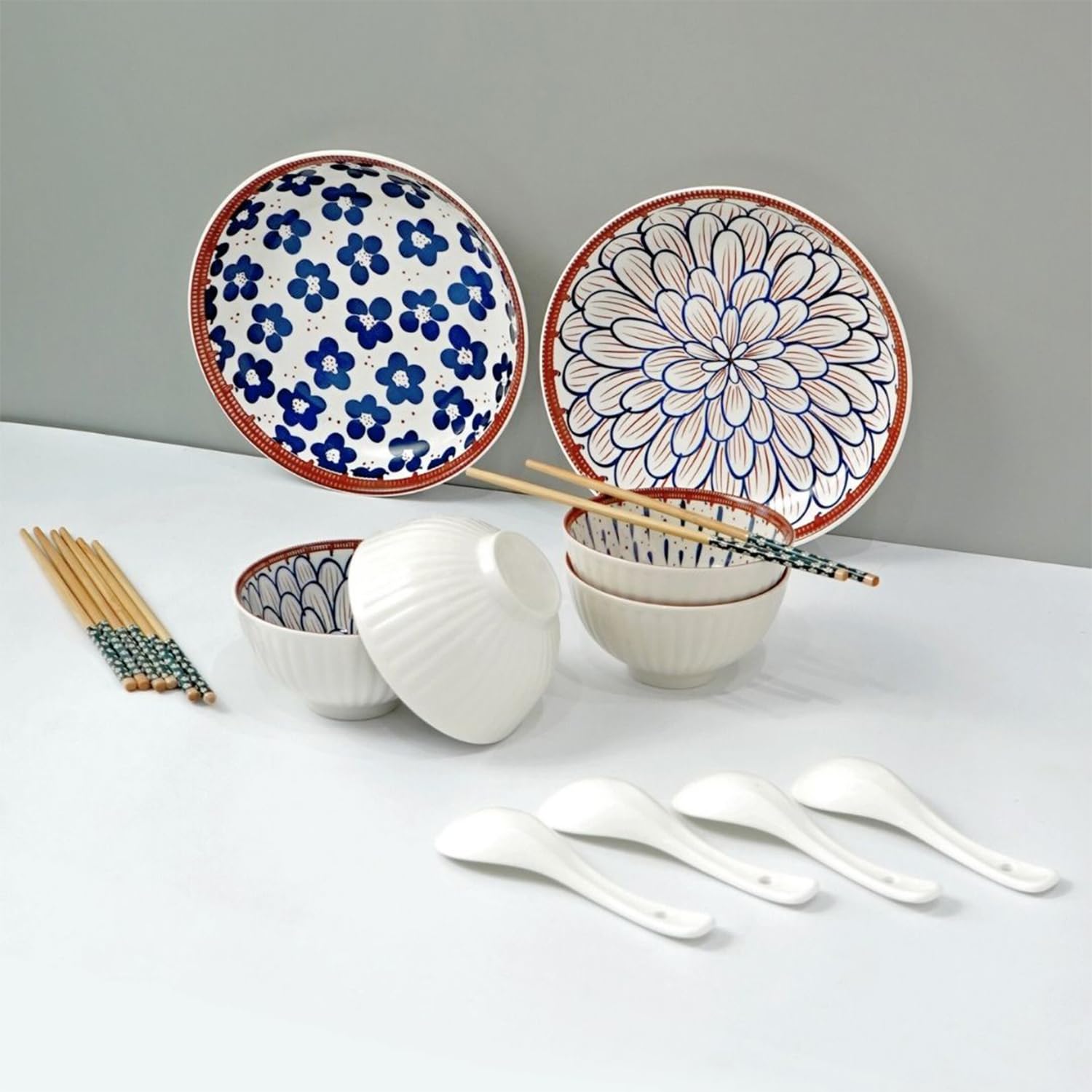 Amazon Brand - Solimo Ceramic Bowl With Plate & Spoon & Chopstick Set, Set Of 14 Pcs Set (Bowl H 4B+4S+4C+2P) | Microwave & Dish