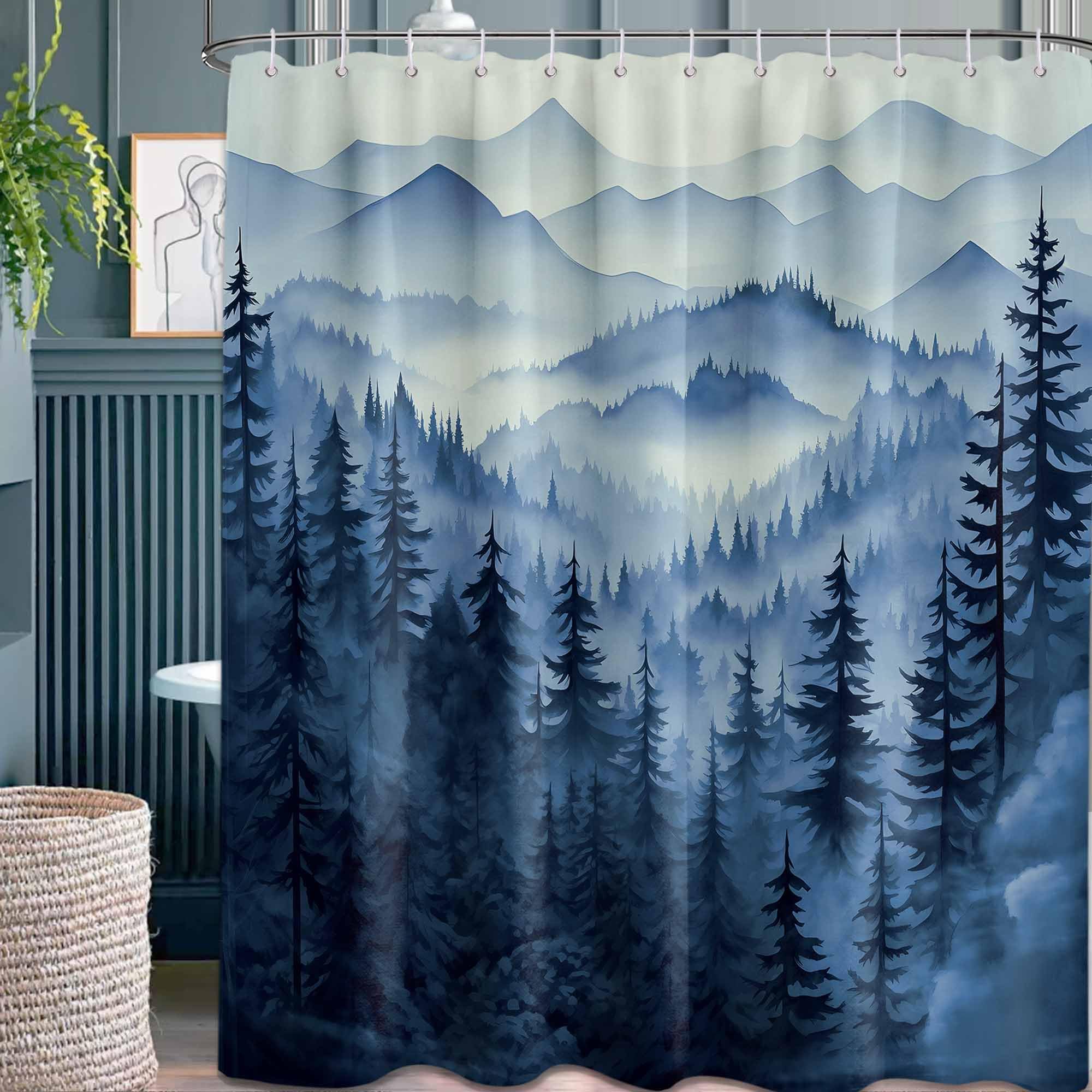 Qghot Mountain Shower Curtain Sets, Navy Blue Shower Curtains For Bathroom, Nature Woodland Forest Waterproof Pine Tree Bathroom