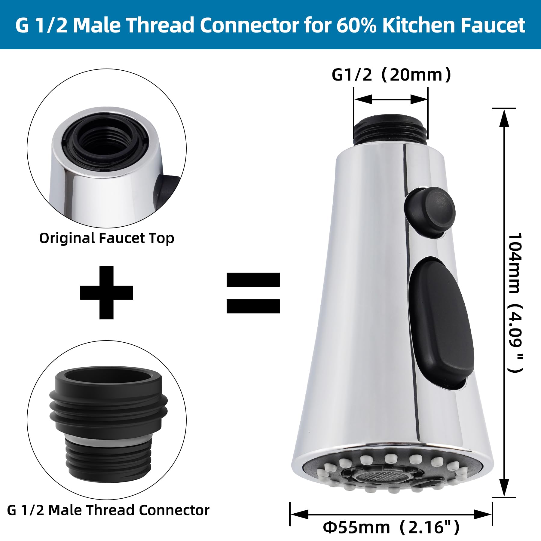 Hygie Rinse Universal Kitchen Faucet Head Replacement With 15 Adapter Kit Compatible With Kohler/Moen/Delta Faucet, 3 Function P