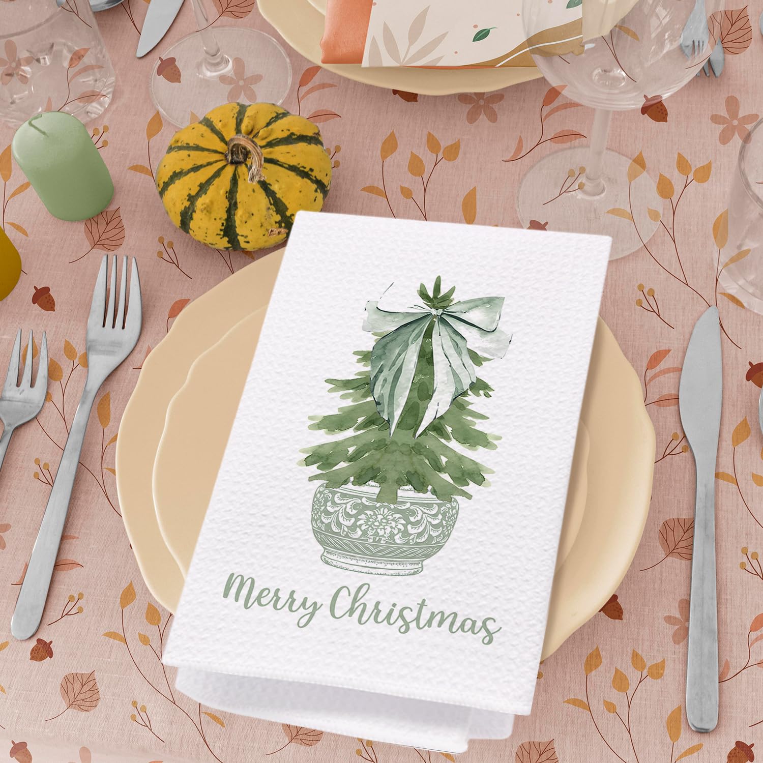 Merry Chinoiserie Christmas Kitchen Towels, Sage Green Porcelain Chinoiserie Christmas Tree Hand Towels For Bathroom,Christmas B