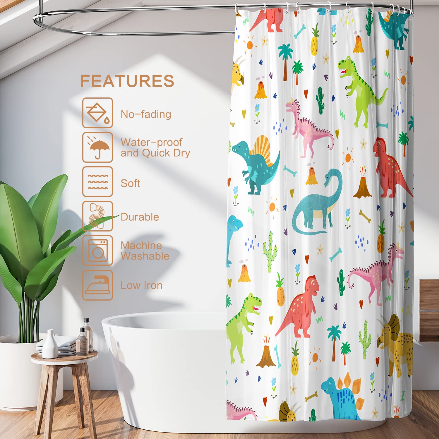 Shower Curtain Kids, Cartoon Dinosaur Shower Curtain Colorful Animals Plants For Boys Girls Polyester Fabric Waterproof Shower C