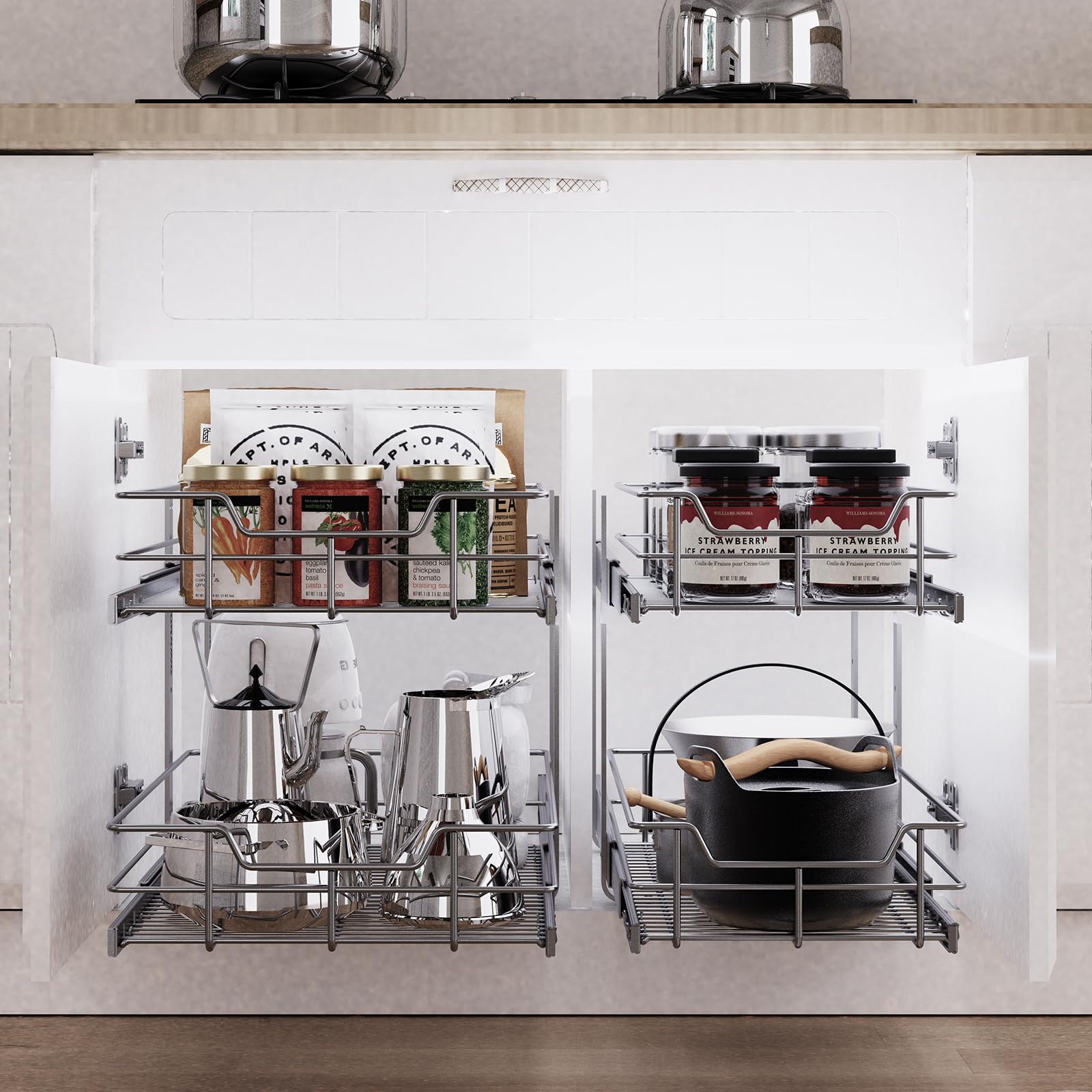 2 Tier Pull Out Cabinet Organizer 11'' W X 22'' D, Slide Out Drawers For Kitchen Cabinets, Pull Out Drawers For Cabinets Capacit