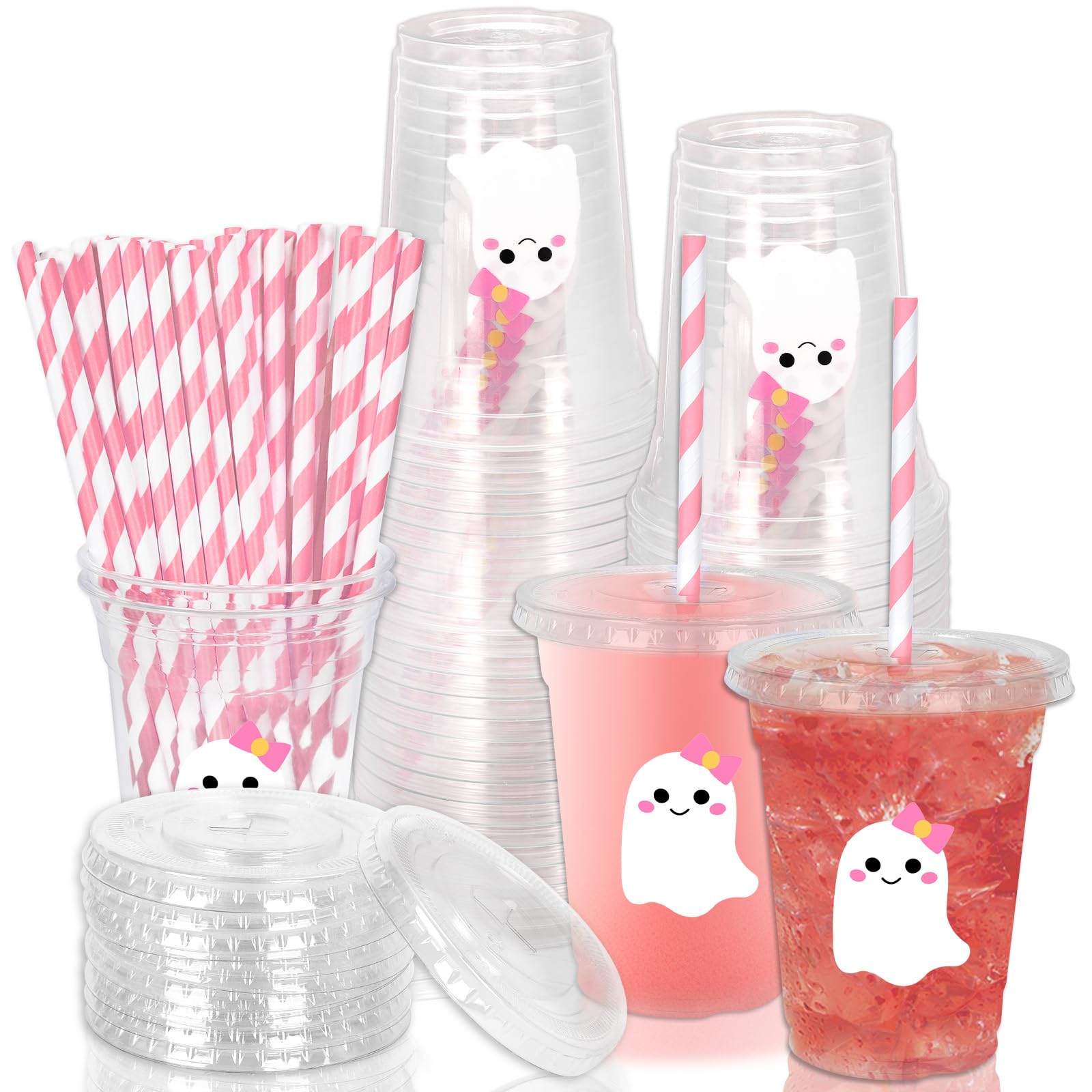 Whaline 50 Pcs Halloween Disposable Plastic Cups with Lids and Straws Cute Pink White Ghost Cold Beverage Drinking Cups for Tric