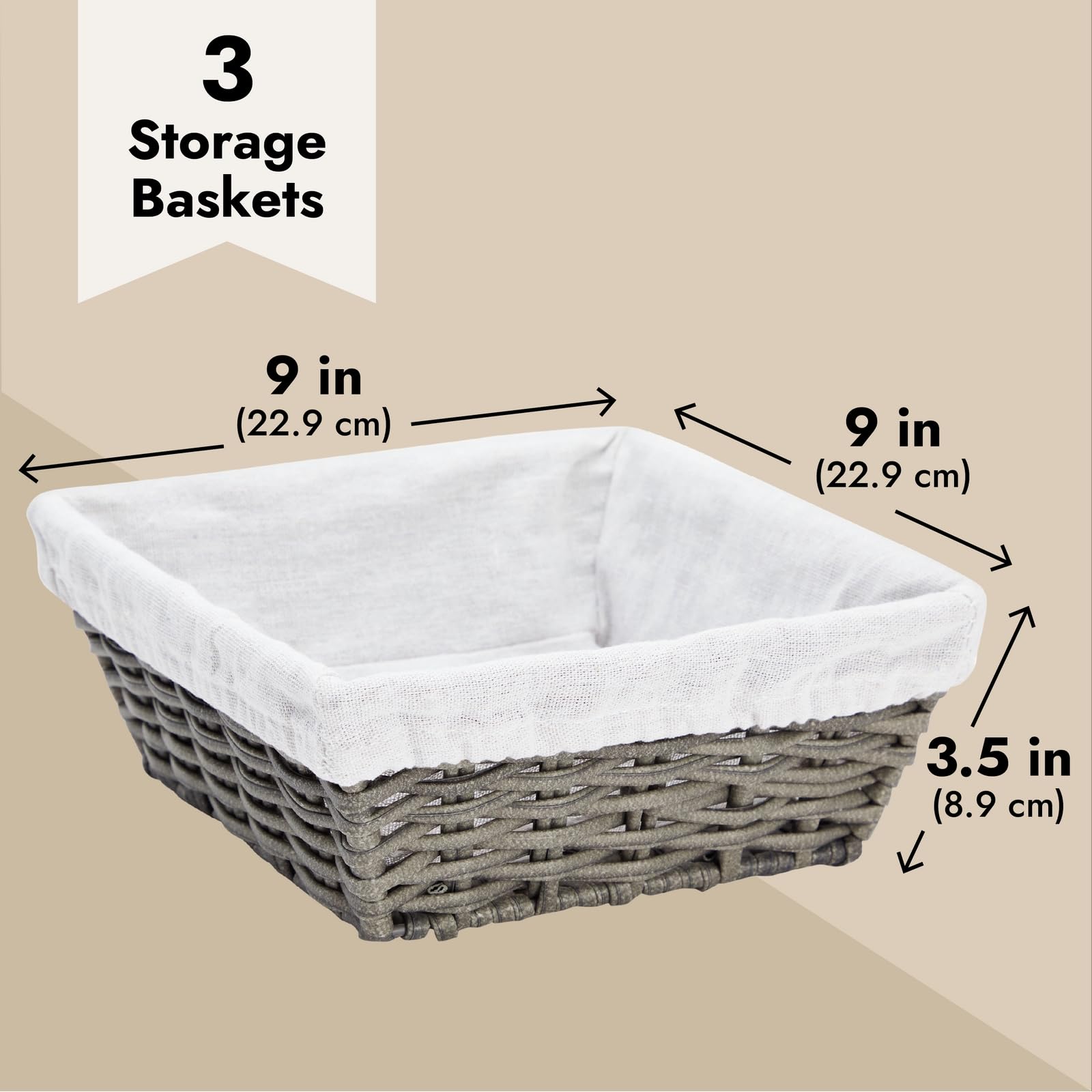 Farmlyn Creek 3-Pack 9 Inch Square Wicker Storage Baskets With Liners - Small Woven Bins For Organizing Kitchen, Closet Shelves,