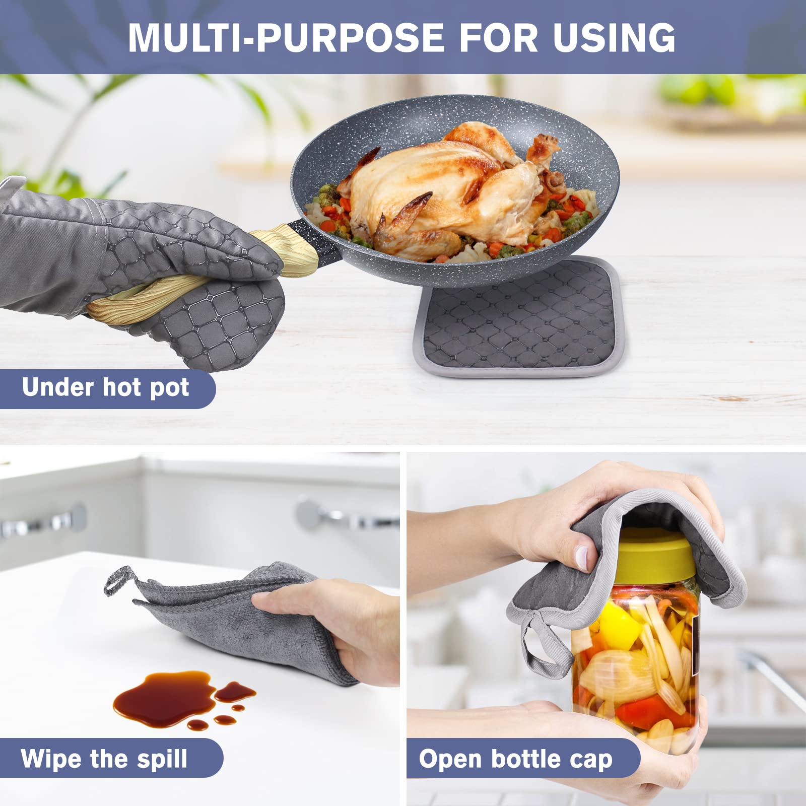 Ixo 6Pcs Oven Mitts And Pot Holders, 500? Heat Resistant Oven Mitts With Kitchen Towels Soft Cotton Lining And Non-Slip Silicone