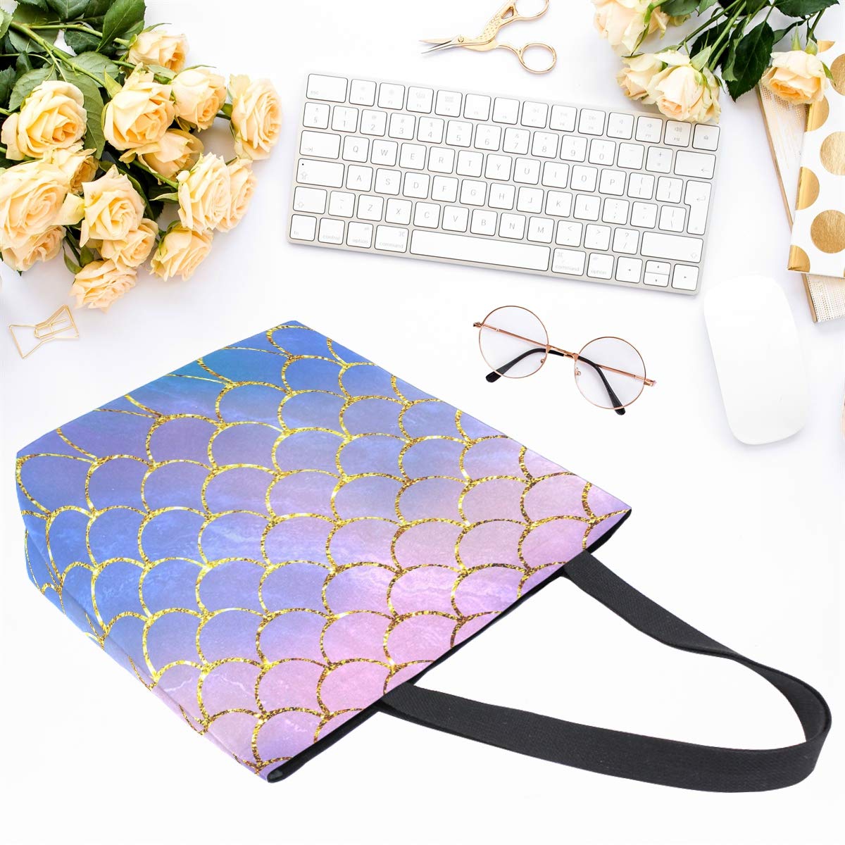 Naanle Mermaid Canvas Tote Bag - Large Women 'S Casual Shoulder Handbag, Mermaid Scale Reusable Multipurpose Heavy Duty Shopping