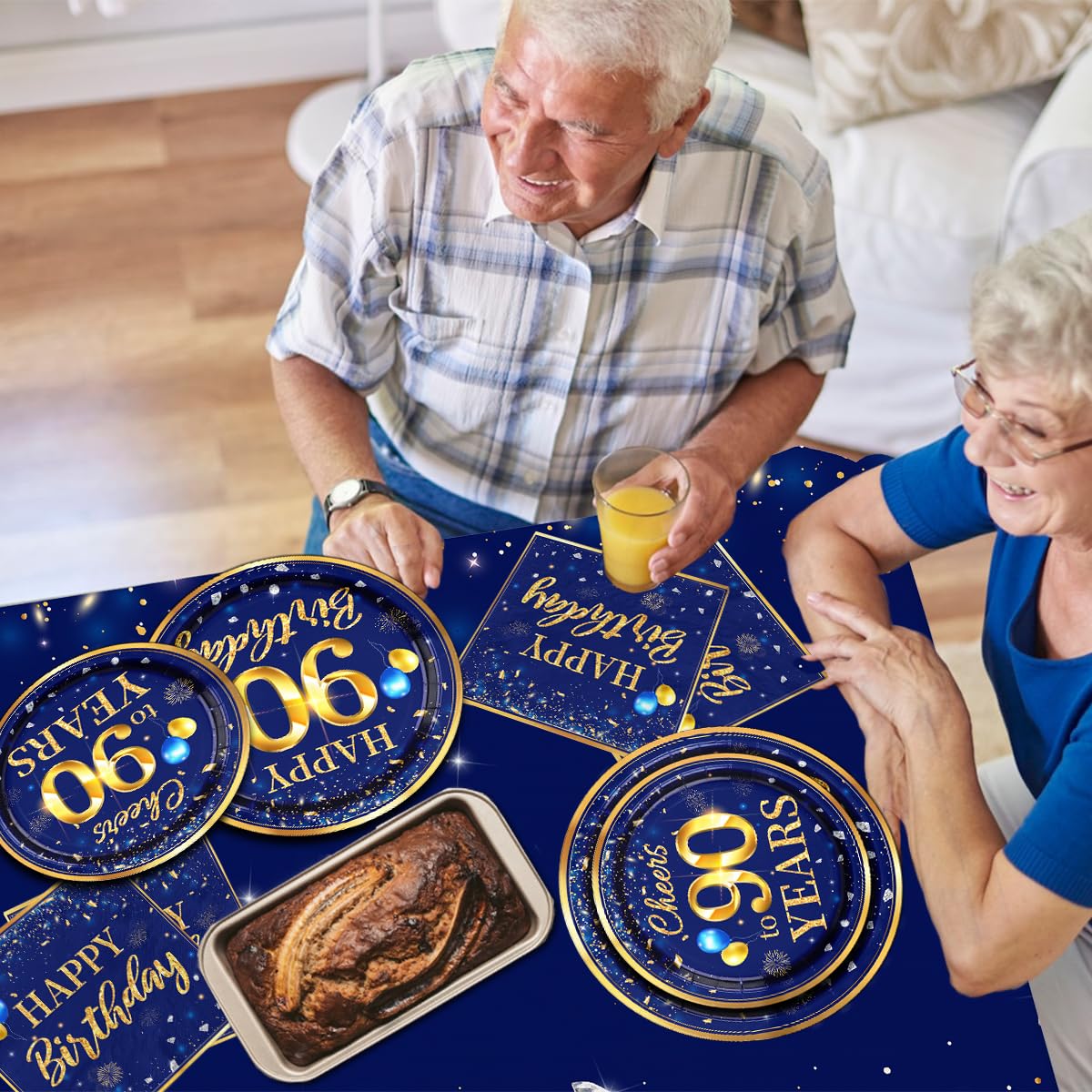 90Th Birthday Decoration Men-142Pcs Navy Blue And Gold Birthday Tableware Set(Serve For 20) Include Happy 90Th Birthday Banner P