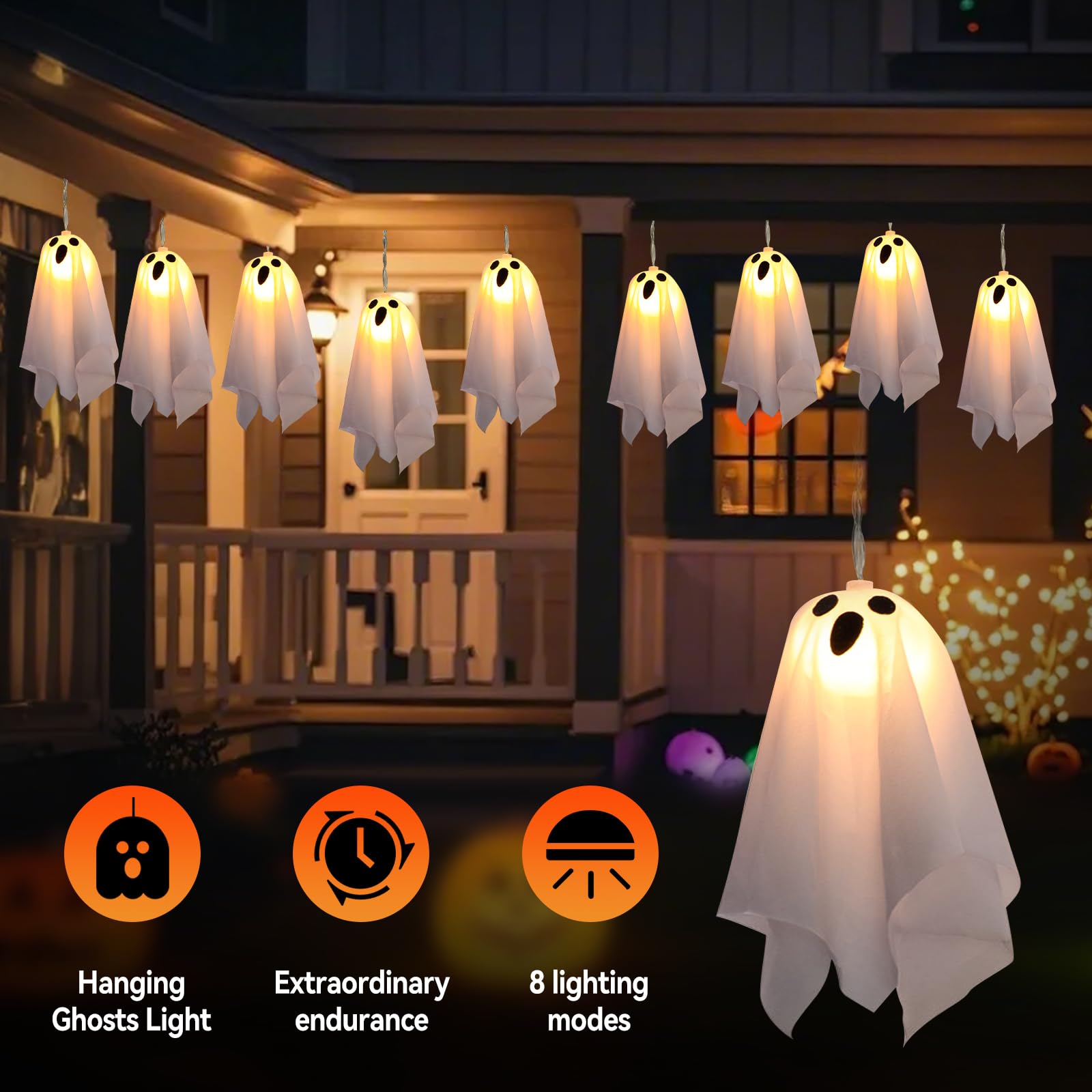 Halloween Decorations Outdoor Hanging Ghosts, Hanging Ghost String Lights 20FT LED Ghost Light with White Creep Cloth and Black