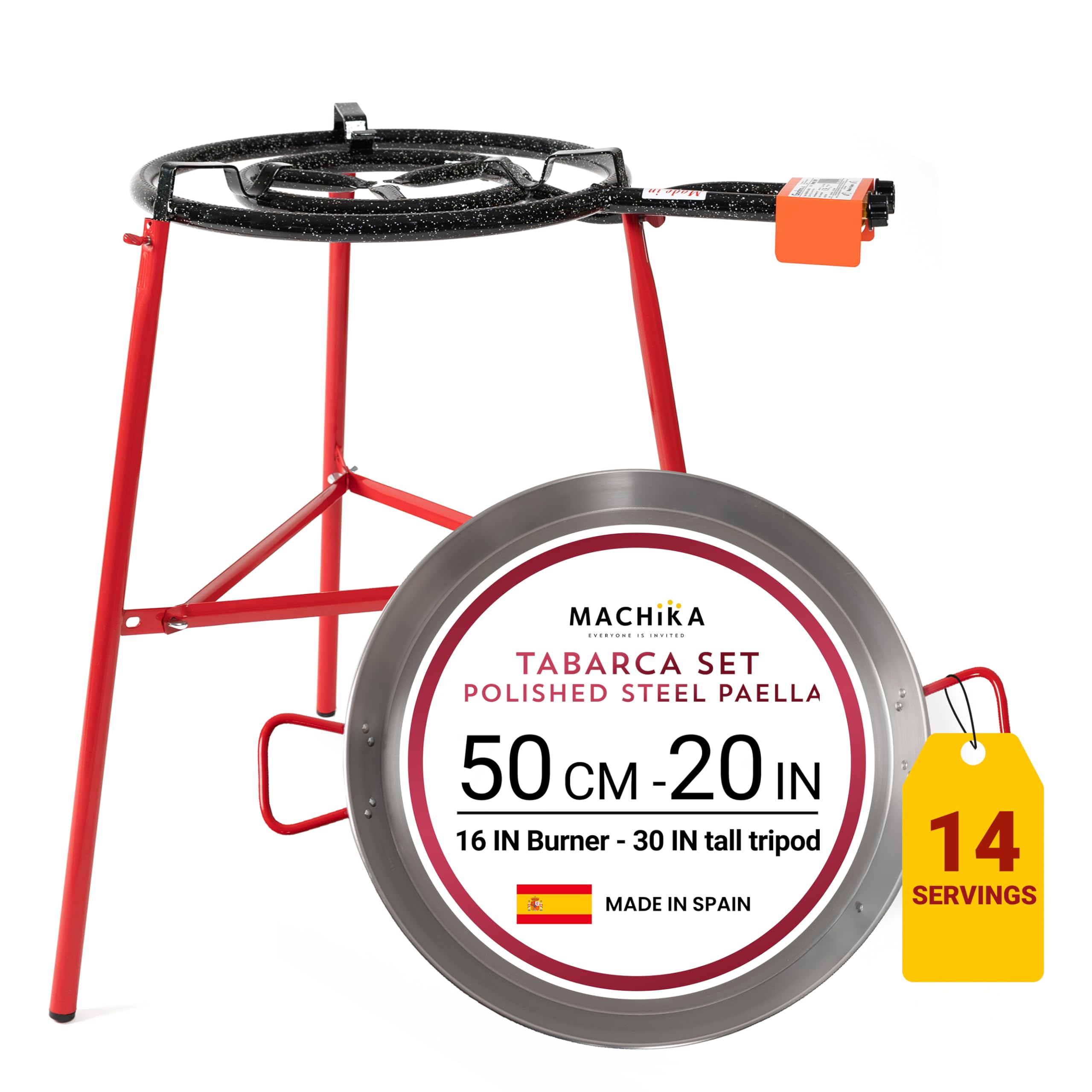 Machika Tabarca Paella Kit with 22-in 55-cm Carbon Steel Pan | 8-16 in Double Ring Paella Burner and Stand Set (33 in) | Perfect