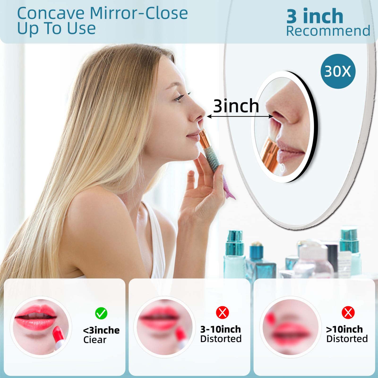 30X Magnifying Mirror With Light, 30X Magnifying Mirror With 3 Suction Cups, 3 Color Dimmable Lighted Makeup Magnifying Mirror,