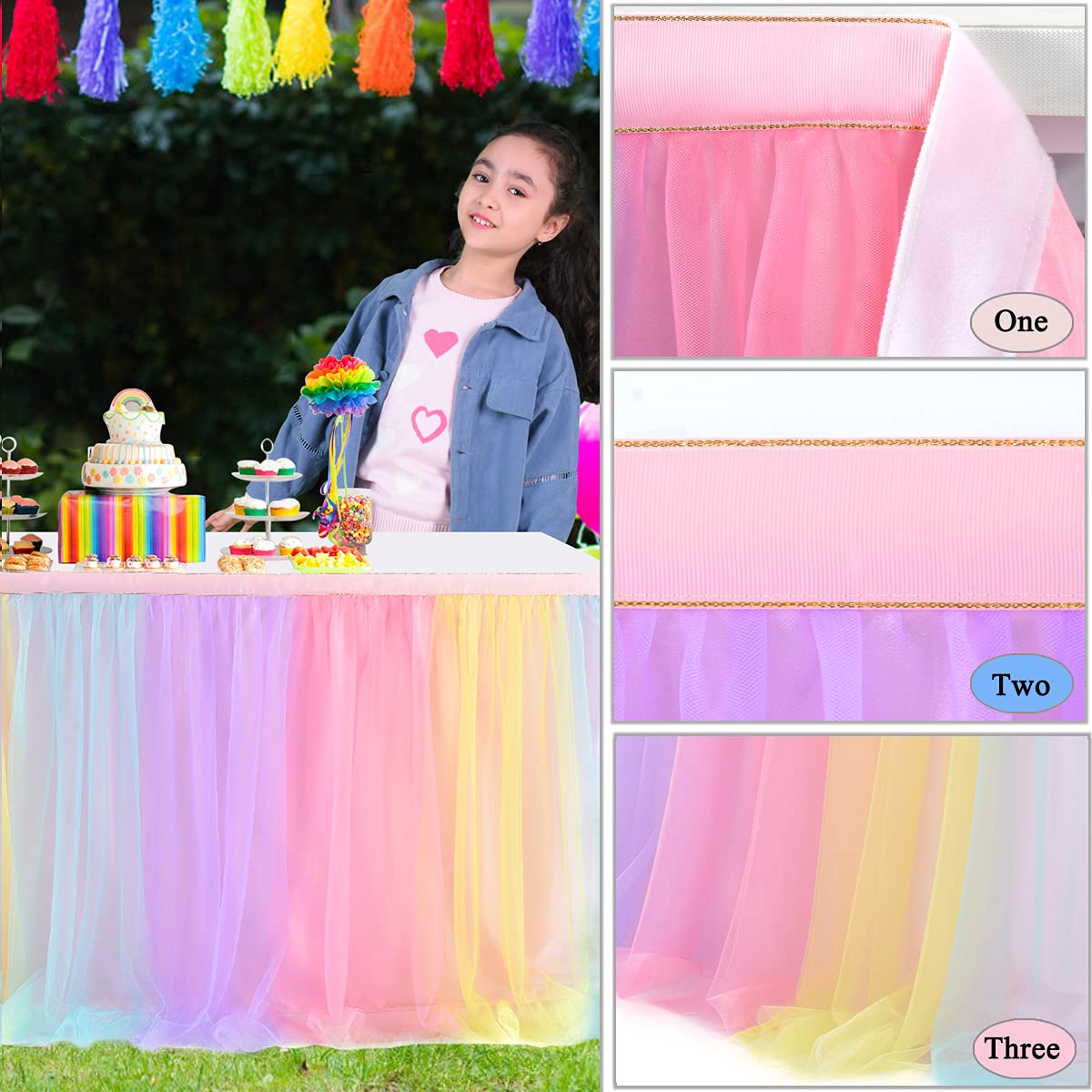 Suppromo Rainbow Table Skirt For Birthday Party 6Ft Unicorn Tulle Tutu Table Skirt For Baby Shower Girl Boy Gender Reveal Rainbo