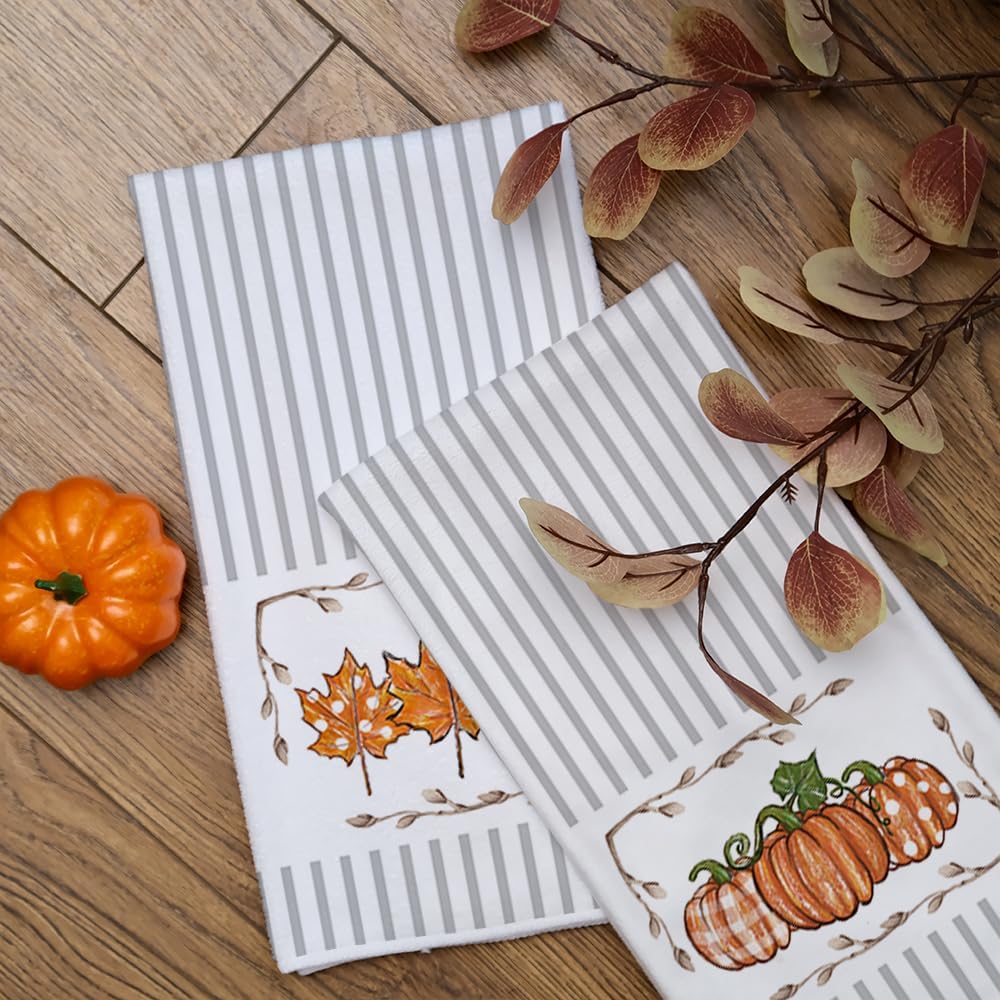 Arkeny Fall Kitchen Towels Set Of 2,Orange Pumpkin Maple Autumn Dish Towels 18X26 Inch Drying Dishcloth,Farmhouse Home Decoratio
