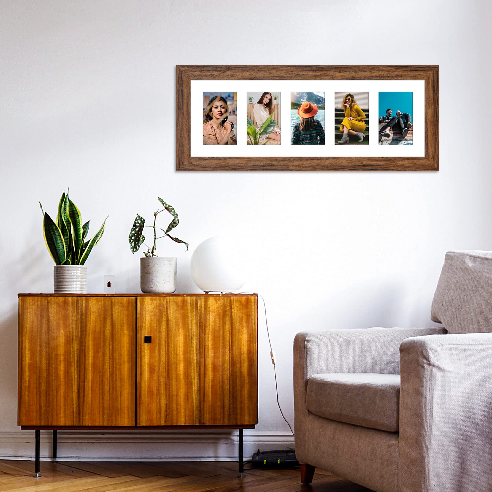 Gaevuian 8x24 Picture Frame Display 5 opening 4X6 Picture Frame Collage,Multi Photo Frame with Mat,Plexiglass,Wall or Tabletop D