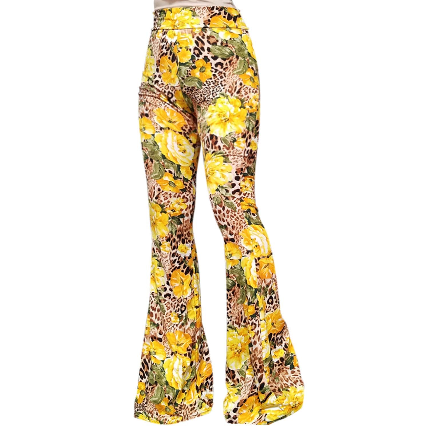 Smt Womens High Waist Wide Leg Long Bell Bottom Yoga Pants Large Animal Floral Yellow