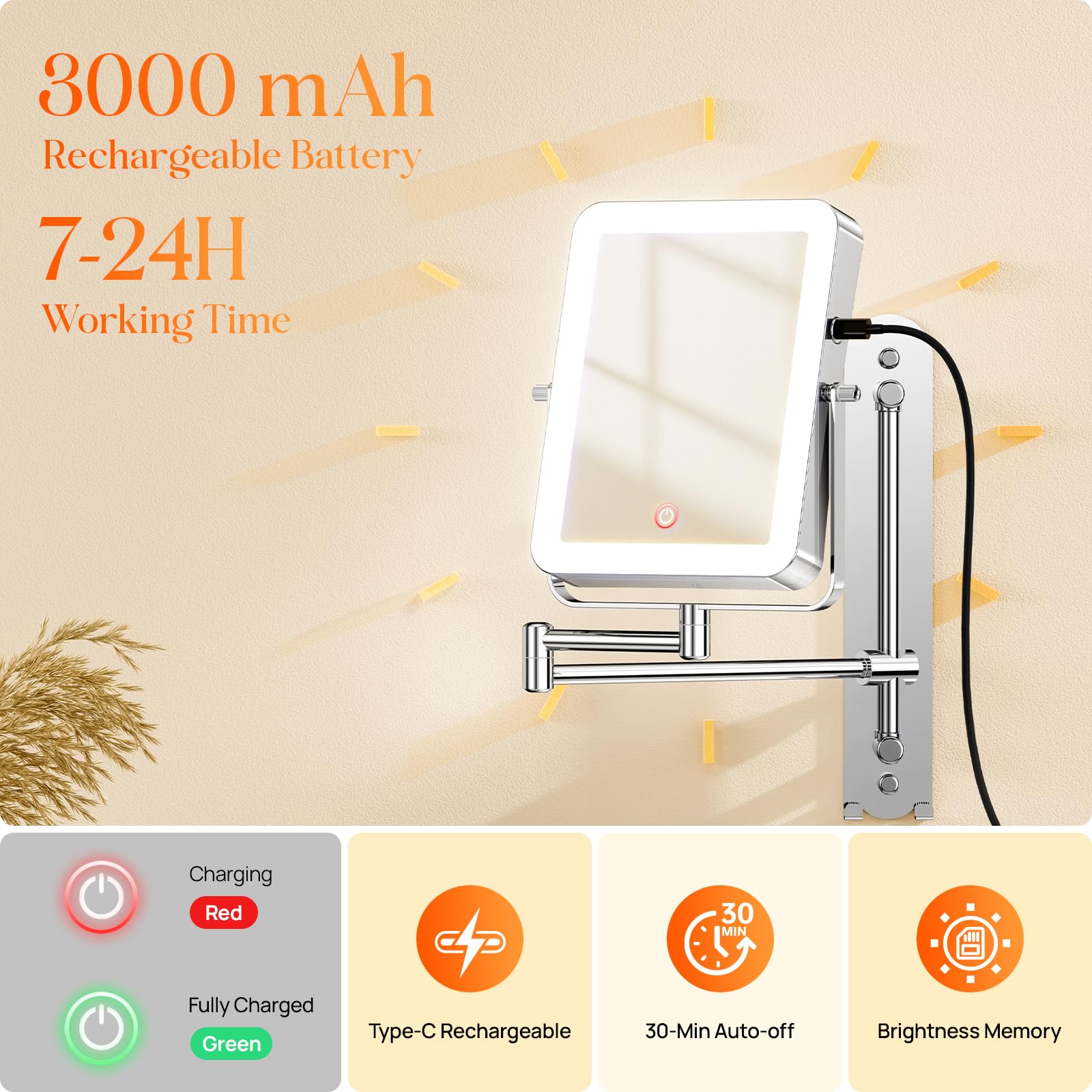 Gospire Height Adjustable Wall Mounted Lighted Makeup Mirror With Hooks, 3000Mah Rechargeable With 1X/10X Magnification, 3 Light