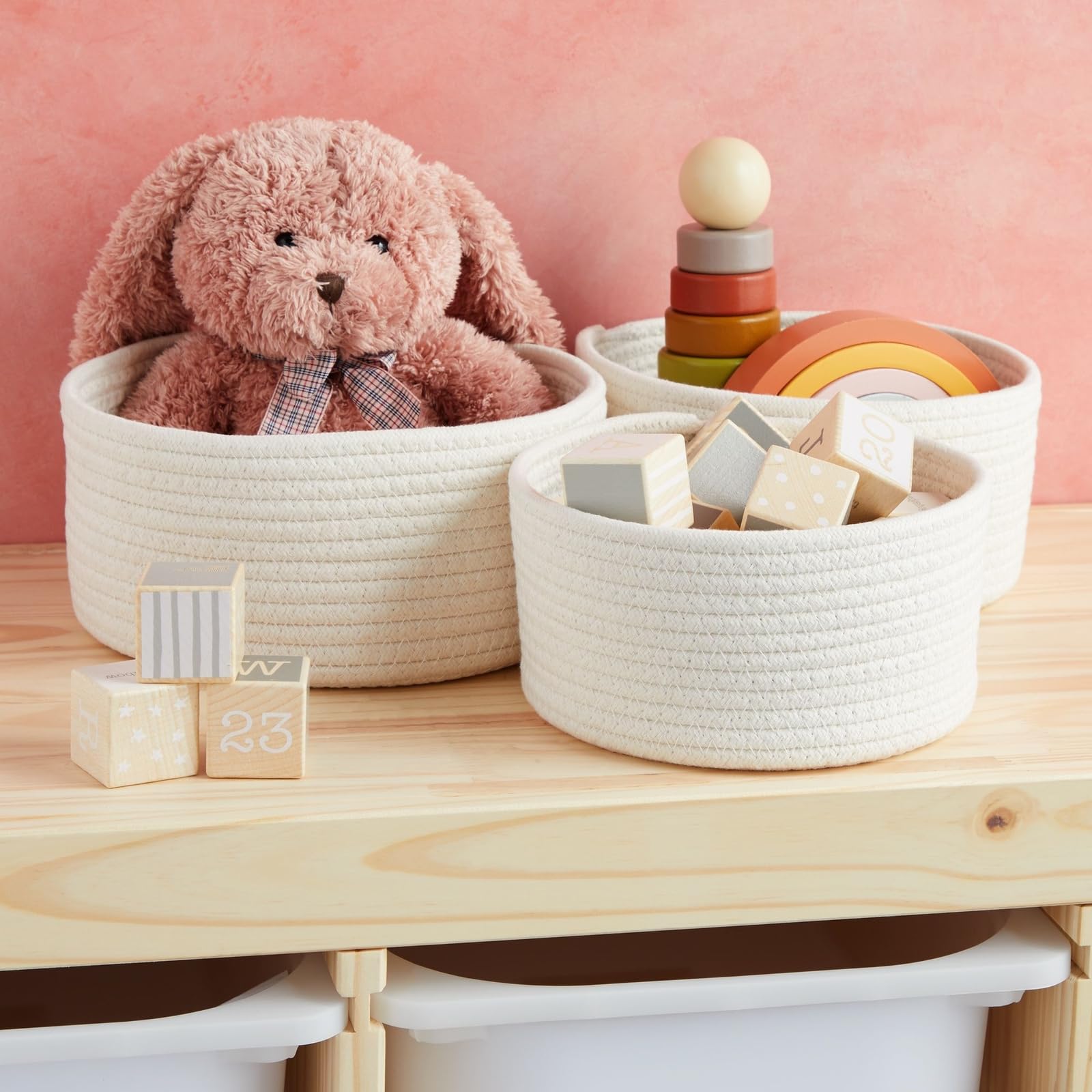 Farmlyn Creek 3 Pack Woven Baskets For Storage, Small Round Cotton Rope Organizing Bins (3 Sizes, White)