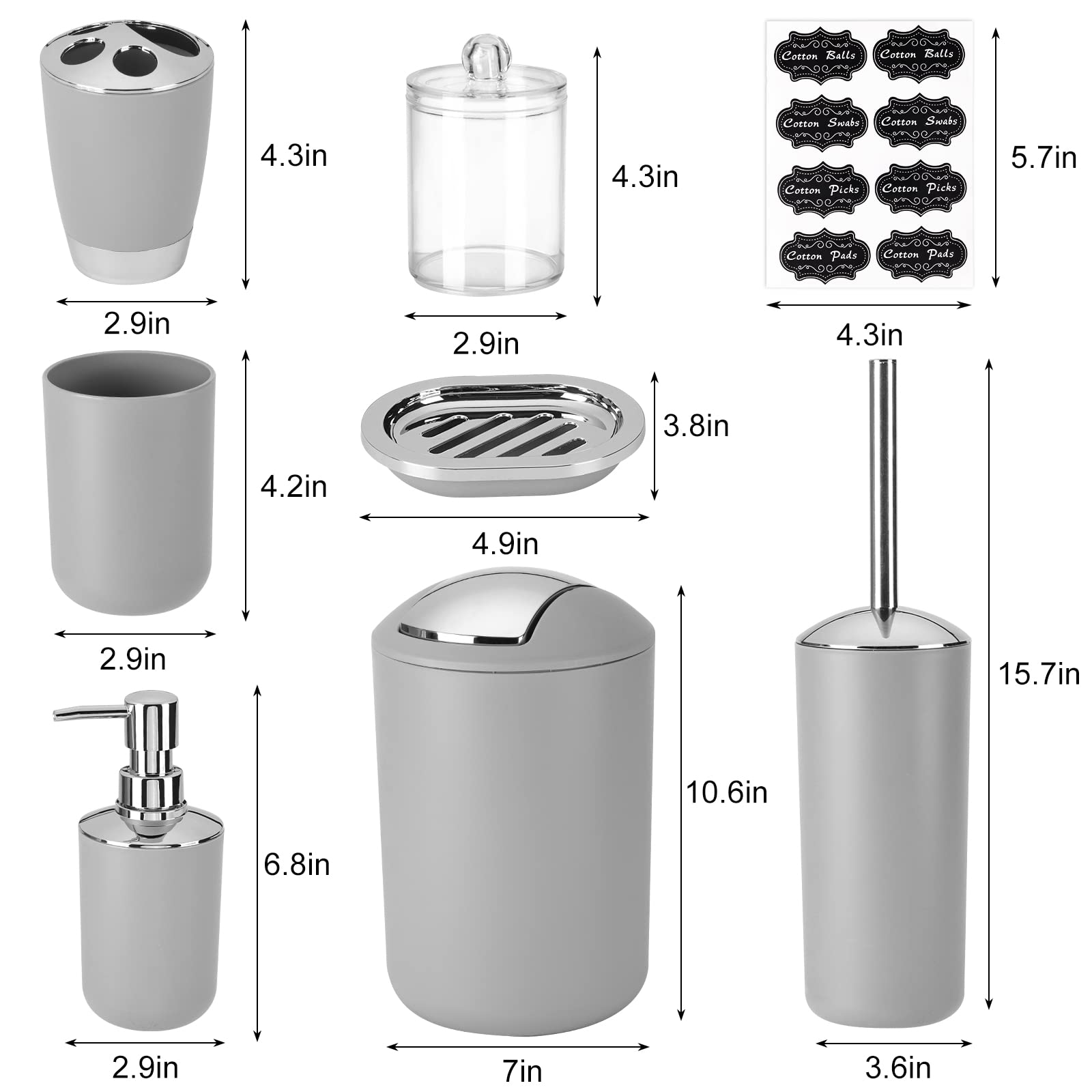 Fixwal Bathroom Accessories, 8 Piece Bathroom Accessories Set With Trash Can, Toothbrush Holder And Cup, Soap Dispenser And Dish
