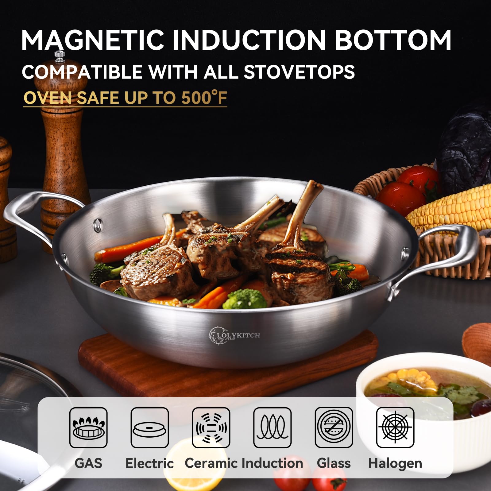 Lolykitch 12 Inch Tri-Ply Stainless Steel Wok Pan With Lid,5 Qt Deep Stir-Fry Pan,Jumbo Cooker,Induction Cooking Pan,Heavy Duty,